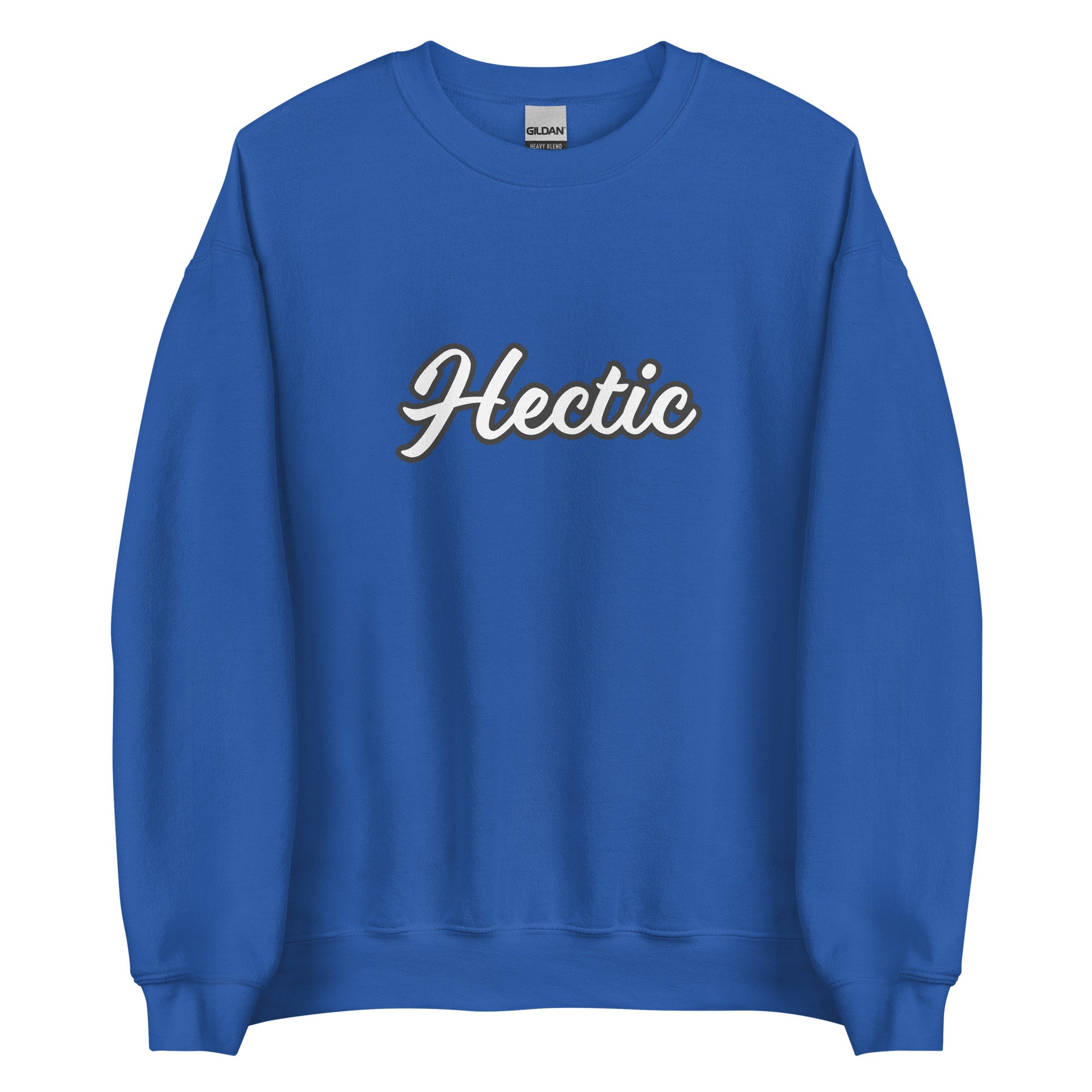 Royal blue hectic sweatshirt from Nina's Funky Shop by ninanush - Hectic ✨ This hectic sweatshirt is a classic crew neck sweatshirt that's soft and comfortable. Perfect for cozy nights, unique streetwear or a funny gift for a chaotic friend, this funny sweatshirt is a must-have. Stay weird and live your best life in this hectic sweatshirt, designed by Nina and made just for you.