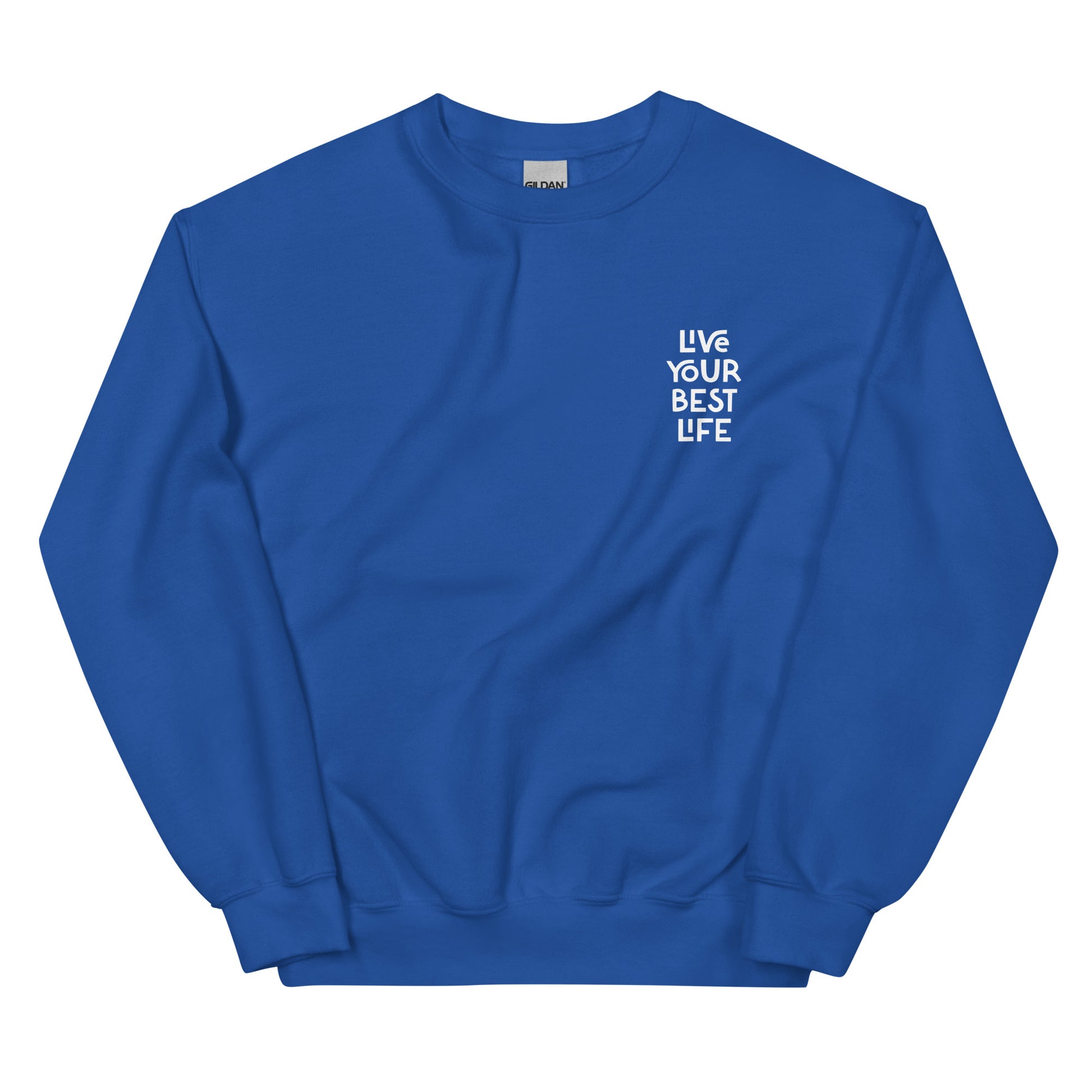 Royal blue live your best life sweatshirt from Nina's Funky Shop by ninanush - Hectic ✨ Live your best life in this unique and happy sweatshirt with a meaningful quote expertly printed on the front. It's a unisex, classic crew neck sweatshirt that spreads positivity in a variety of colors. Perfect for cozy nights or stand out streetwear, this sweatshirt is designed by Nina and made just for you.