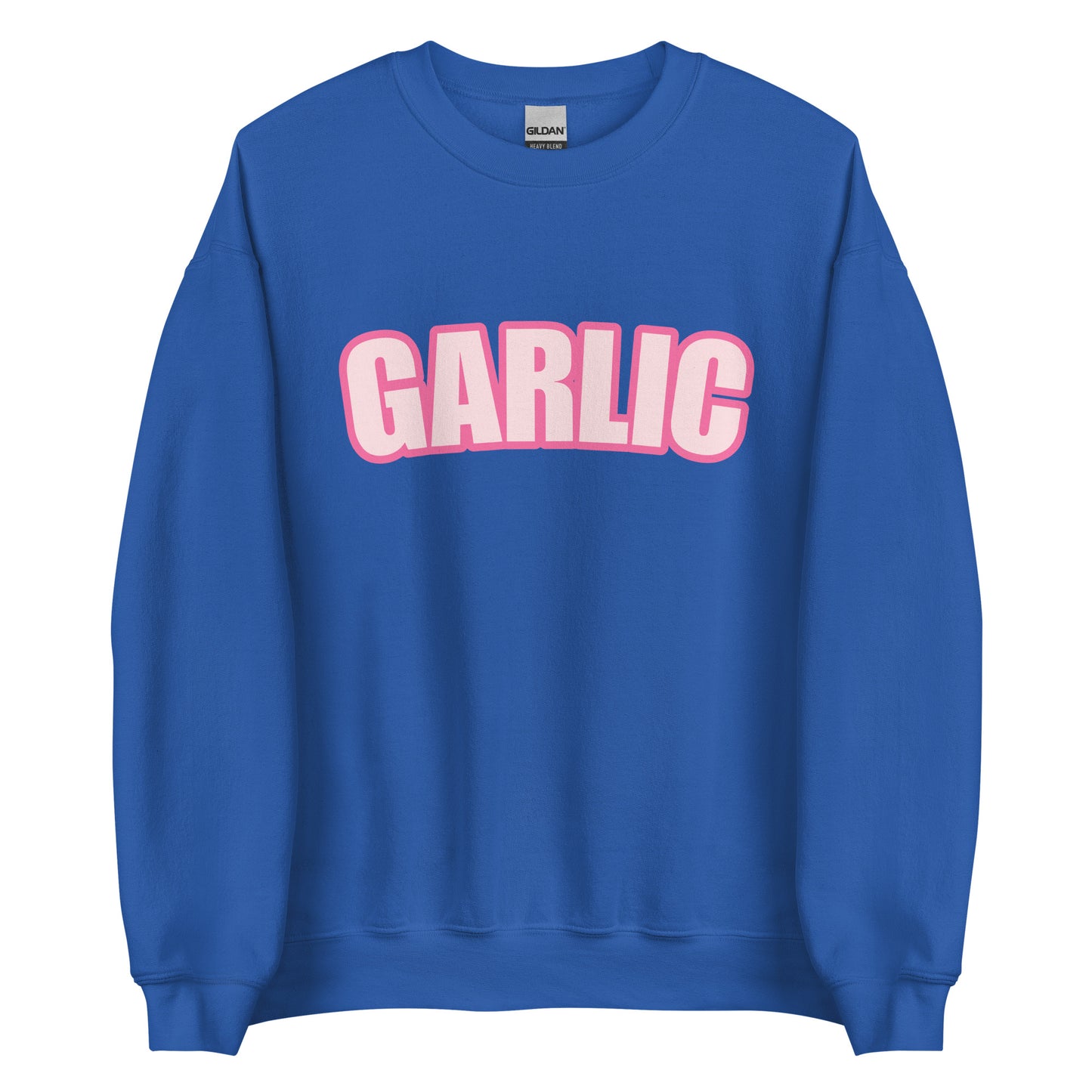 Royal Blue Garlic Sweatshirt from Nina's Funky Shop by ninanush - Our Pink Garlic Sweatshirt is a perfect funny foodie sweatshirt for garlic lovers. It's a unisex, crew neck sweatshirt with the word "Garlic", expertly printed on the front. Perfect for cozy nights in or stand out streetwear for foodies, this garlic enthusiast sweatshirt is designed by Nina and made just for you.