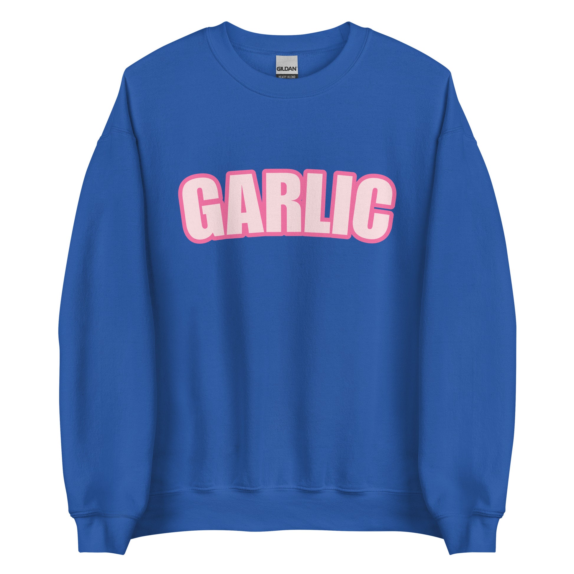 Royal Blue Garlic Sweatshirt from Nina's Funky Shop by ninanush - Our Pink Garlic Sweatshirt is a perfect funny foodie sweatshirt for garlic lovers. It's a unisex, crew neck sweatshirt with the word "Garlic", expertly printed on the front. Perfect for cozy nights in or stand out streetwear for foodies, this garlic enthusiast sweatshirt is designed by Nina and made just for you.