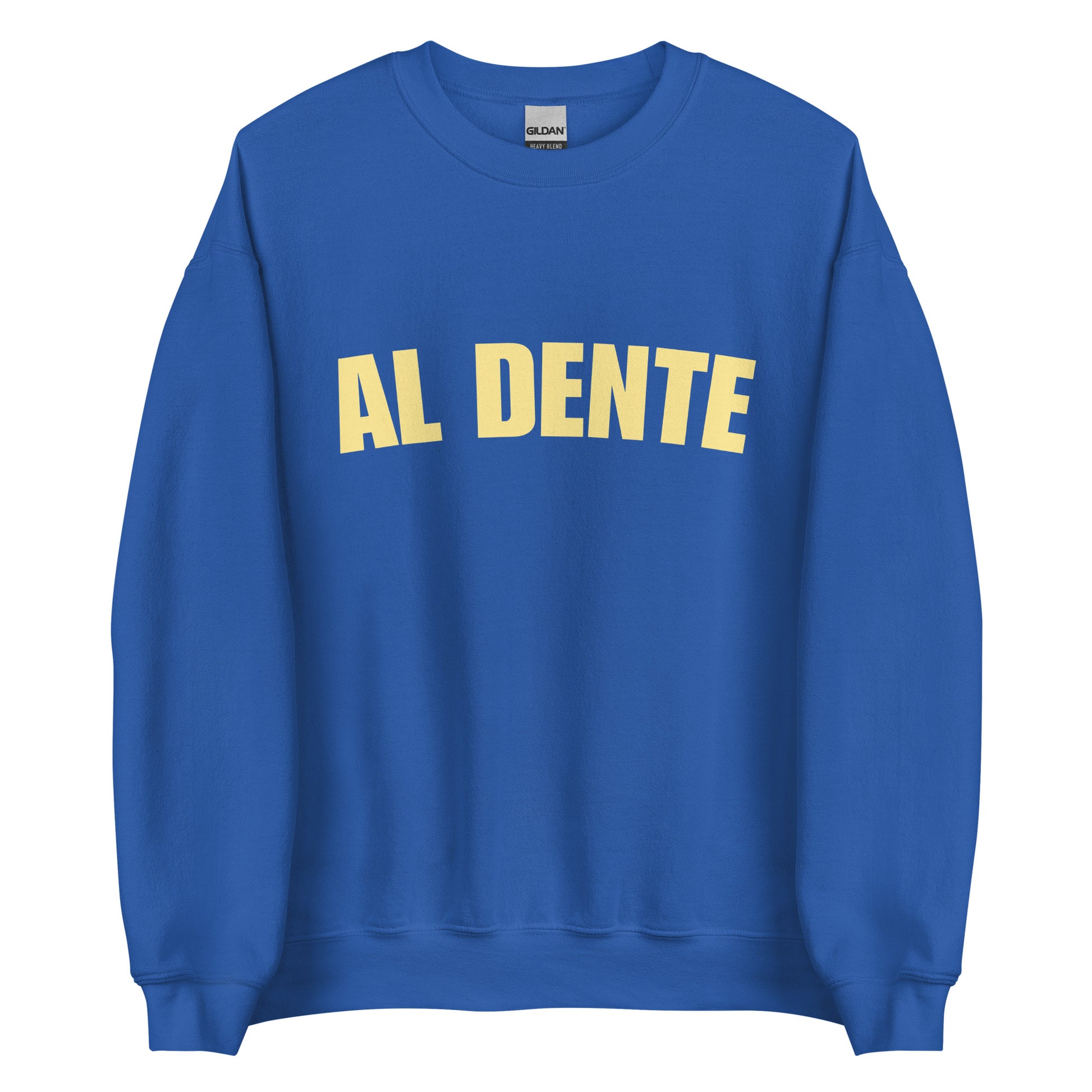 Royal Blue Al Dente Sweatshirt from Nina's Funky Shop by ninanush - Our Al Dente Sweatshirt is soft, comfortable and a funny Italian cooking sweatshirt for foodies. It's a unisex, crew neck sweatshirt that comes in a variety of colors with the "Al Dente", expertly printed on the front. Perfect for cozy nights in or stand out streetwear for foodies. An Al Dente sweatshirt, made just for you.