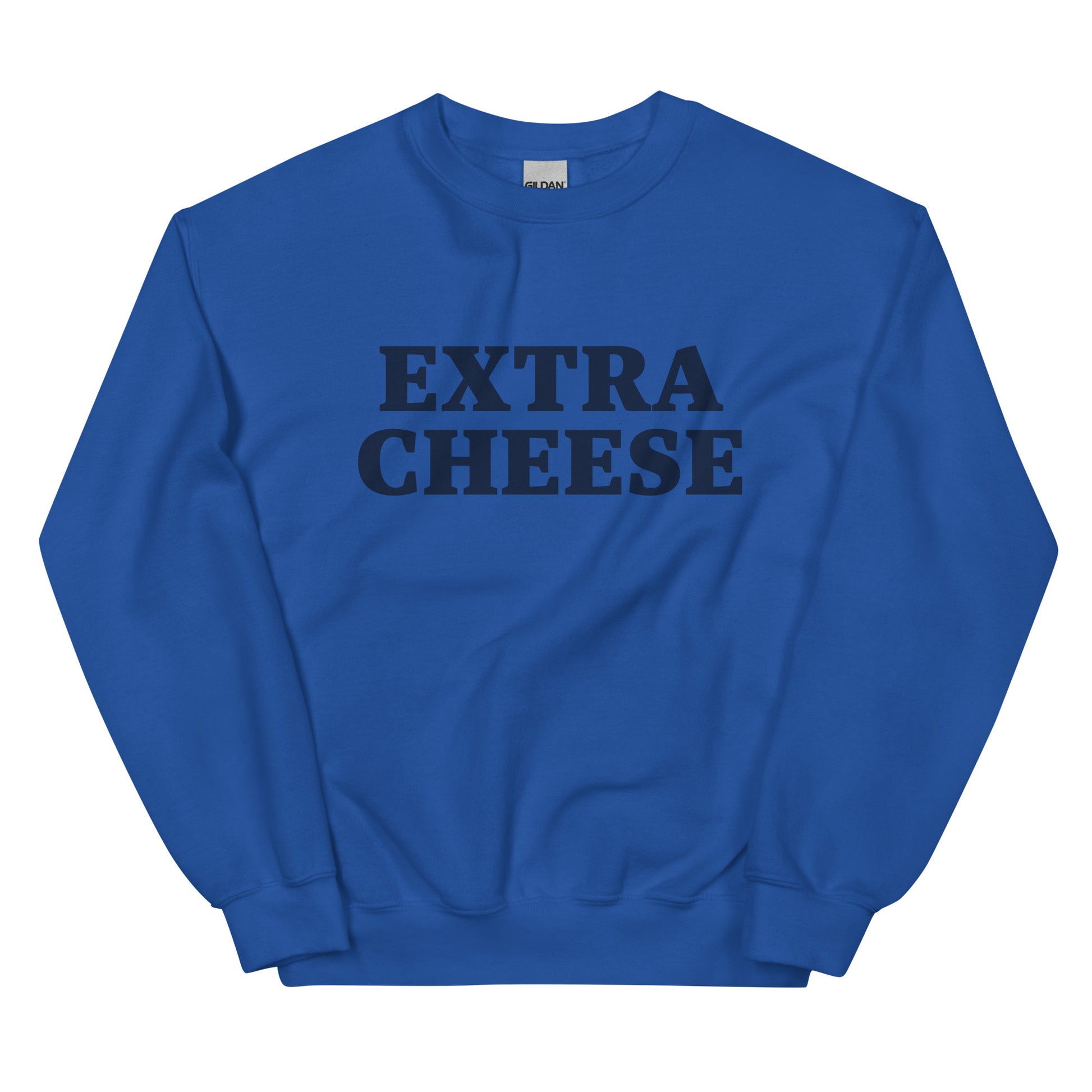 Blue Extra Cheese Sweatshirt from Nina's Funky Shop by ninanush - Love cheese? Want more? Make your priorities known in this Extra Cheese Sweatshirt. It's a funny foodie sweatshirt for cheese lovers. This unisex, crew neck sweatshirt comes in a variety of colors with "cheese", on the front. This college-style cheese enthusiast sweatshirt is designed by Nina and made just for you.