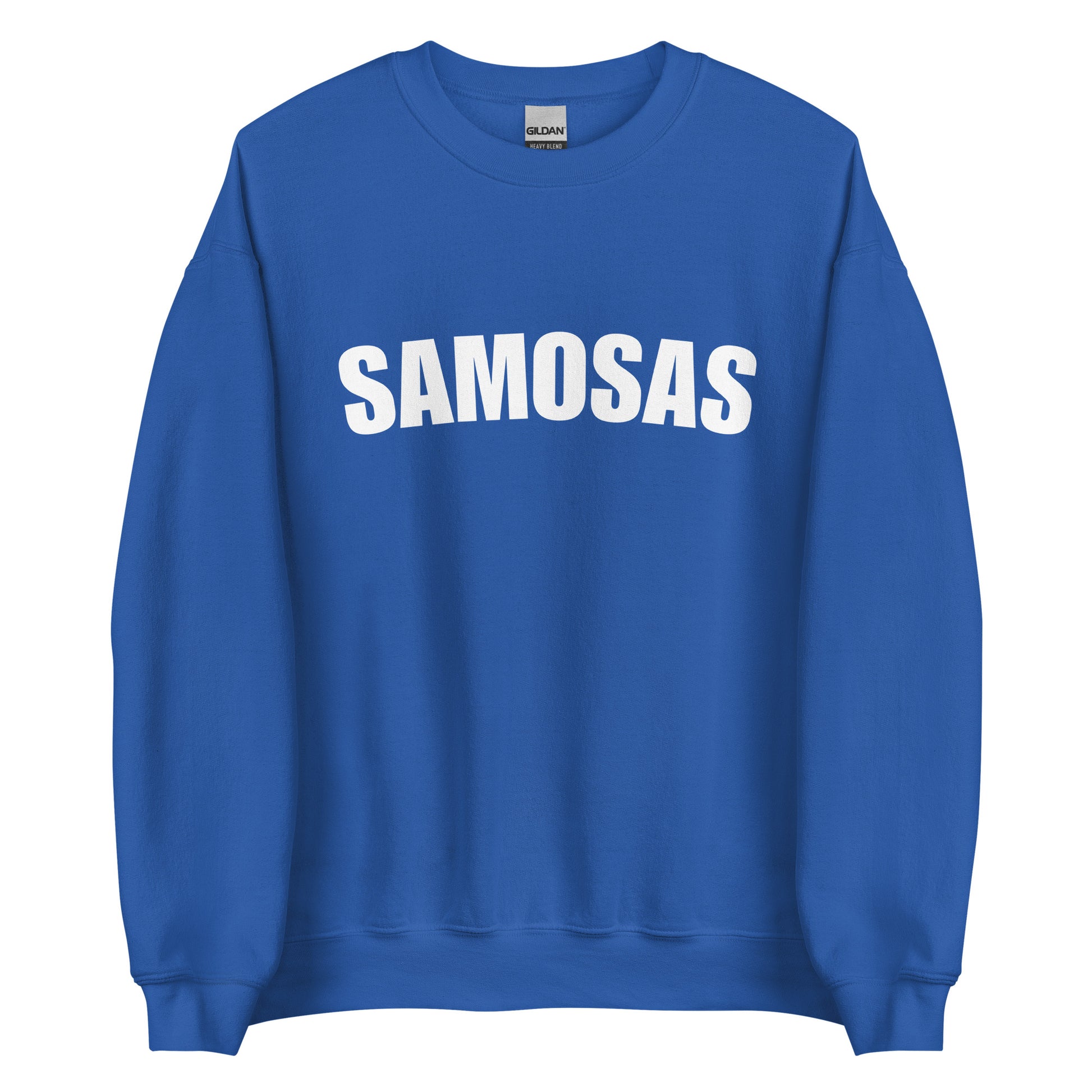 Royal Blue Samosa Sweatshirt from Nina's Funky Shop by ninanush - Love samosas? Looking for a fun foodie gift? Our Samosa Sweatshirt is just what you need. Perfect for Indian cuisine lovers and foodies of all kinds, this sweatshirt has "Samosa", expertly printed on the front. A crewneck college-style foodie sweatshirt for Indian food enthusiasts and samosa lovers like you.