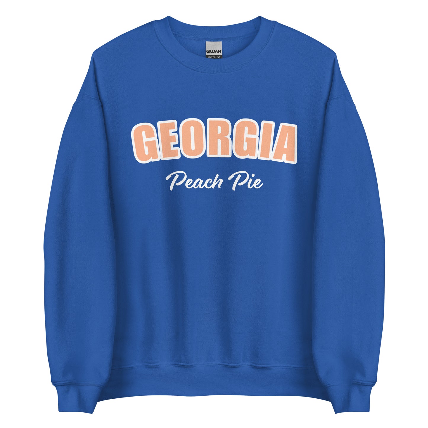 Royal Blue Georgia Peach Pie Sweatshirt from Nina's Funky Shop by ninanush - Do you love peach pie? Our Georgia Peach Pie Sweatshirt is just what you need. It's a funny foodie sweatshirt for peach pie lovers like you. This unisex, crew neck sweatshirt comes in a variety of colors with the words "Georgia Peach Pie", expertly printed on the front. The perfect Sweatshirt for peach pie enthusiasts.