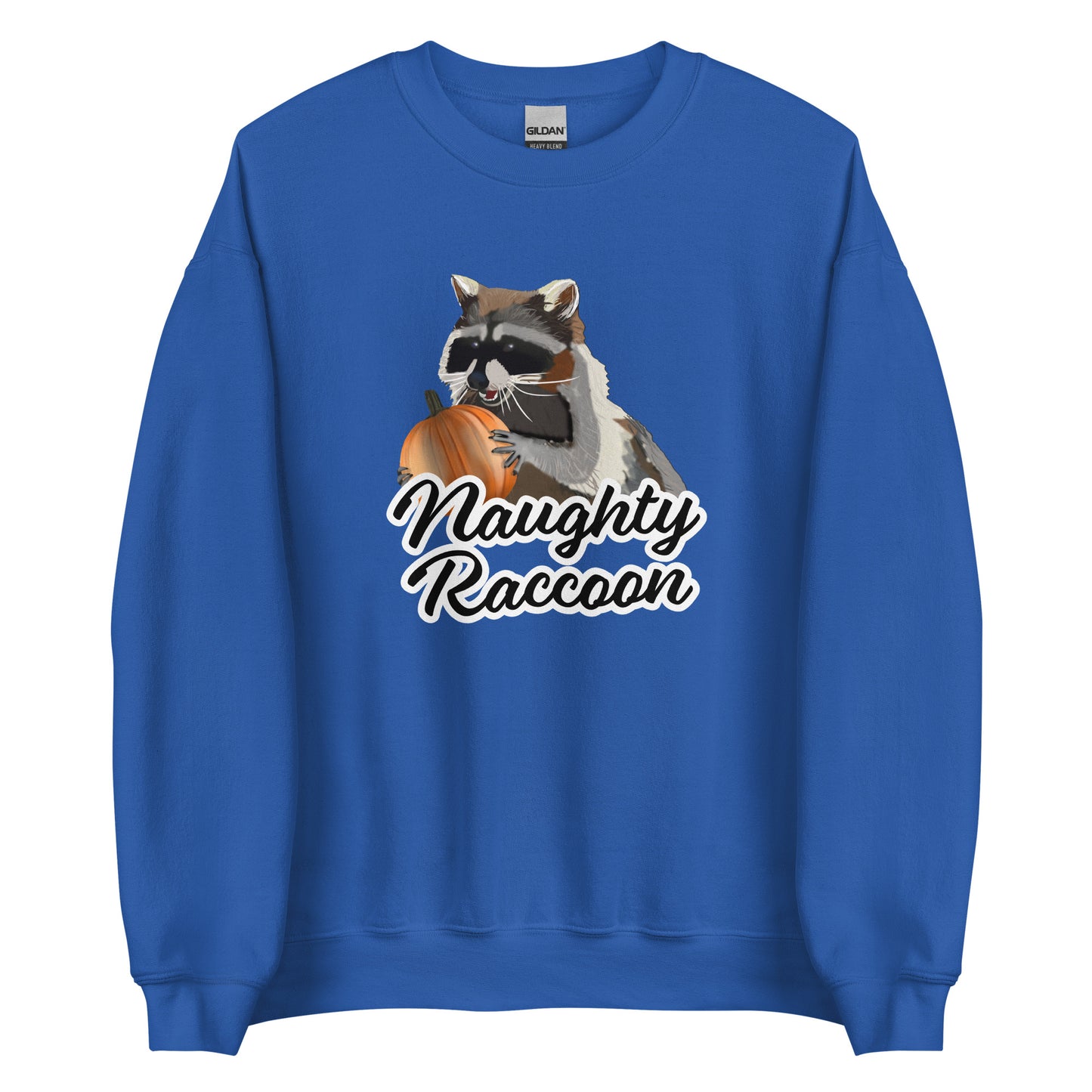 Royal Blue Naughty Raccoon Pumpkin Sweatshirt from Nina's Funky Shop by ninanush - Love raccoons? Looking for a fun raccoon lover gift? Our Naughty Raccoon Sweatshirt is soft, comfortable and just what you need. It's a unisex, crew neck sweatshirt with a raccoon holding a pumpkin and "Naughty Raccoon", expertly printed on the front. Stand out this spooky season in our funny Raccoon Sweatshirts.