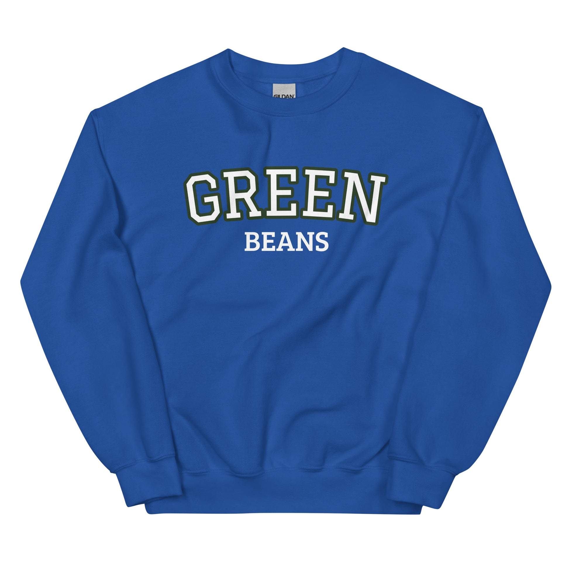 Royal Blue Green Beans Sweatshirt from Nina's Funky Shop by ninanush - Love green beans? Looking for a funny food gift? Our Green Beans Sweatshirt is just what you need. It's a unisex, varsity crew neck sweatshirt with "Green Beans" on the front. A perfect funny foodie sweatshirt for cozy nights in or funky streetwear, this veggie enthusiast sweatshirt is designed by Nina, just for you.