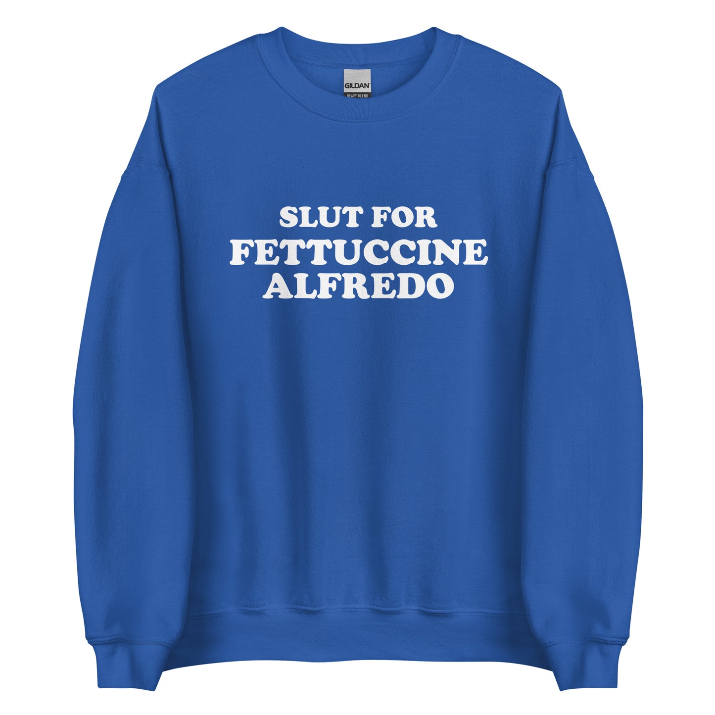 Royal Blue Slut for Fettuccine Alfredo Sweatshirt from Nina's Funky Shop by ninanush - Do you love fettuccine Alfredo? Looking for a funny gift for a friend? Our Slut For Fettuccine Alfredo Crew Neck Sweatshirt is soft, comfortable and just what you need. A perfect funny foodie sweatshirt for cozy nights in or stand out fettuccine lover streetwear, this pasta enthusiast sweatshirt is bold and made just for you.