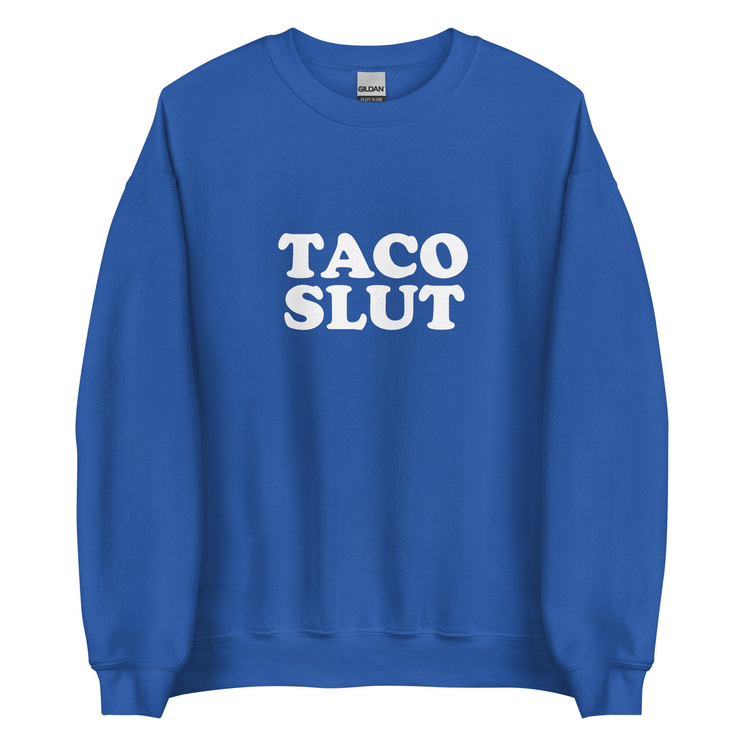 Royal Blue Taco Slut Sweatshirt from Nina's Funky Shop by ninanush - Do you love tacos? Looking for a funny gift for a friend? Our Taco Slut Crew Neck Sweatshirt is soft, comfortable and just what you need. A funny foodie sweatshirt for cozy nights in or stand out taco lover streetwear. This taco enthusiast sweatshirt is bold and made just for you. Eat tacos and celebrate your favorite foods.