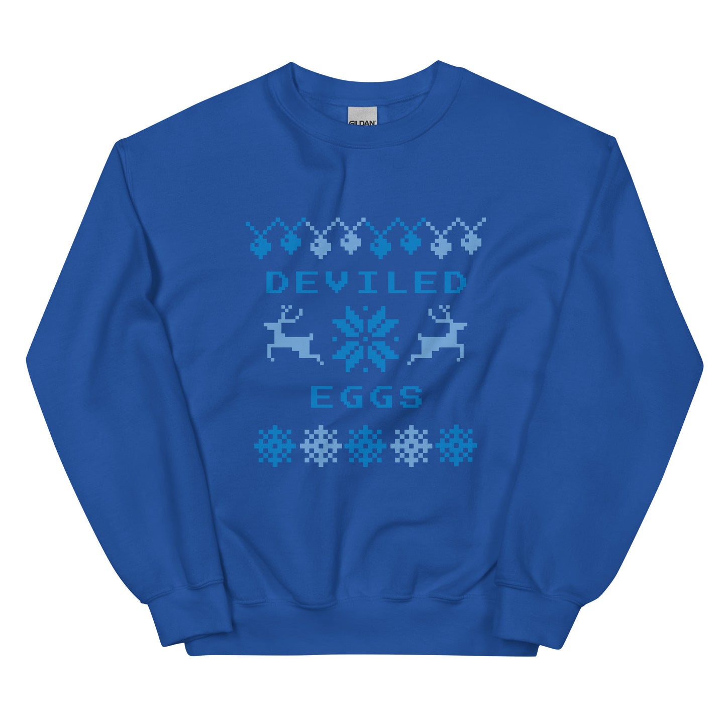 Royal Blue Deviled Eggs Christmas Sweatshirt from Nina's Funky Shop by ninanush - Do you love deviled eggs? Looking for a funny Christmas sweatshirt? Our Slut Deviled Eggs Christmas Crew Neck Sweatshirt is soft, comfortable and just what you need. It's a unisex holiday sweatshirt with "Deviled Eggs" and a Christmas pattern. A funny Christmas sweatshirt for a holiday party or a cozy night in.