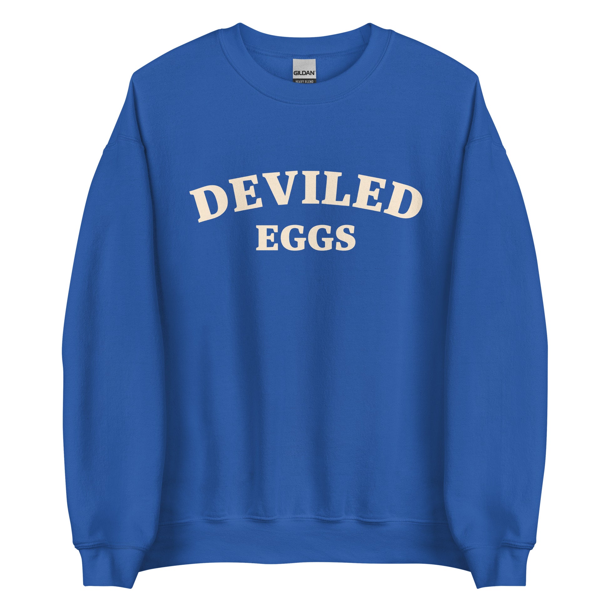 Royal Blue Deviled Eggs Sweatshirt from Nina's Funky Shop by ninanush - Love Deviled eggs? Looking for a funny foodie gift? A funny college style deviled egg sweatshirt for foodies and beyond. It's a soft and comfortable crew neck sweatshirt with a unique and funny food design. A perfect sweatshirt for deviled egg lovers and quirky gift for foodies. Eat deviled eggs and make a statement. It's funny, weird and sure to turn heads.