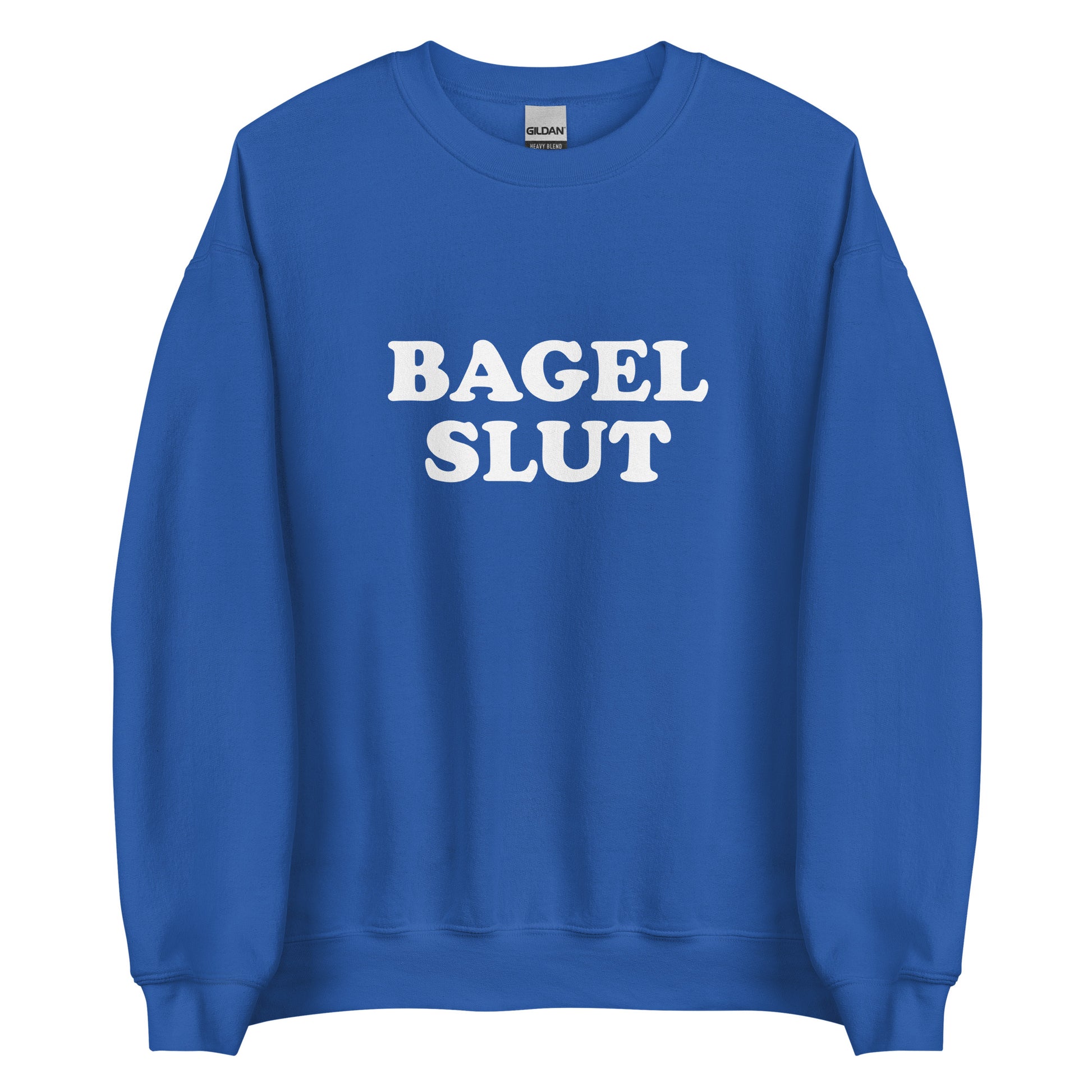 Royal Blue Bagel Slut Sweatshirt from Nina's Funky Shop by ninanush - Do you love bagels? Looking for a funny gift? Our Bagel Slut Crewneck Sweatshirt is soft, comfortable and just what you need. It's a unisex sweatshirt that comes in a variety of colors with "Bagel Slut", expertly printed on the front. A unique and funny sweatshirt for cozy nights in or stand out bagel lover streetwear.