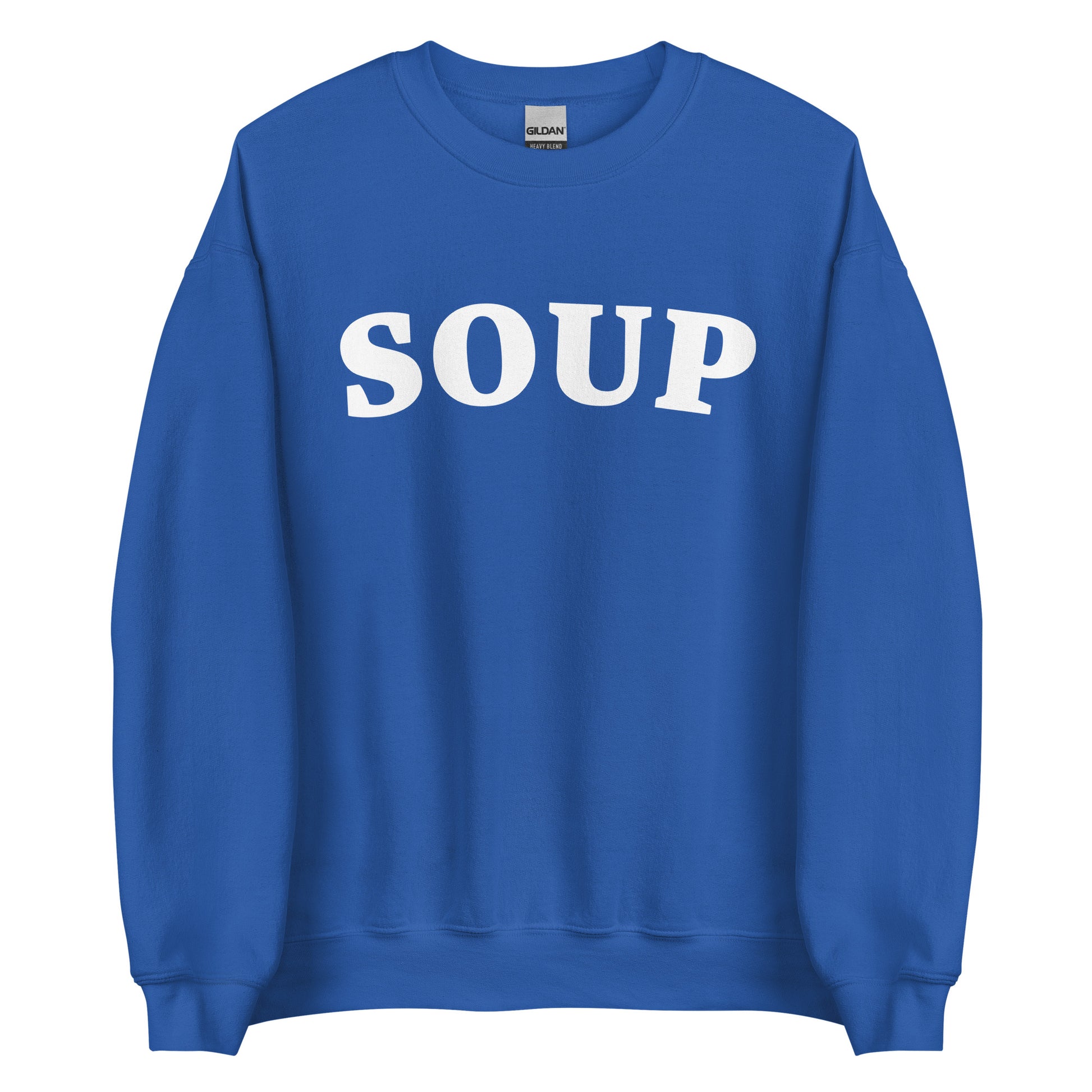 Royal Blue Soup Crewneck Sweatshirt from Nina's Funky Shop by ninanush - Do you love soup? Looking for a funny gift? Our Soup Crewneck Sweatshirt is soft, comfortable and just what you need. It's a unisex foodie sweatshirt that comes in a variety of colors with "Soup", expertly printed in bold letters on the front. Eat your favorite soup in this funny varsity style sweatshirt. It's designed by Nina and made just for you.