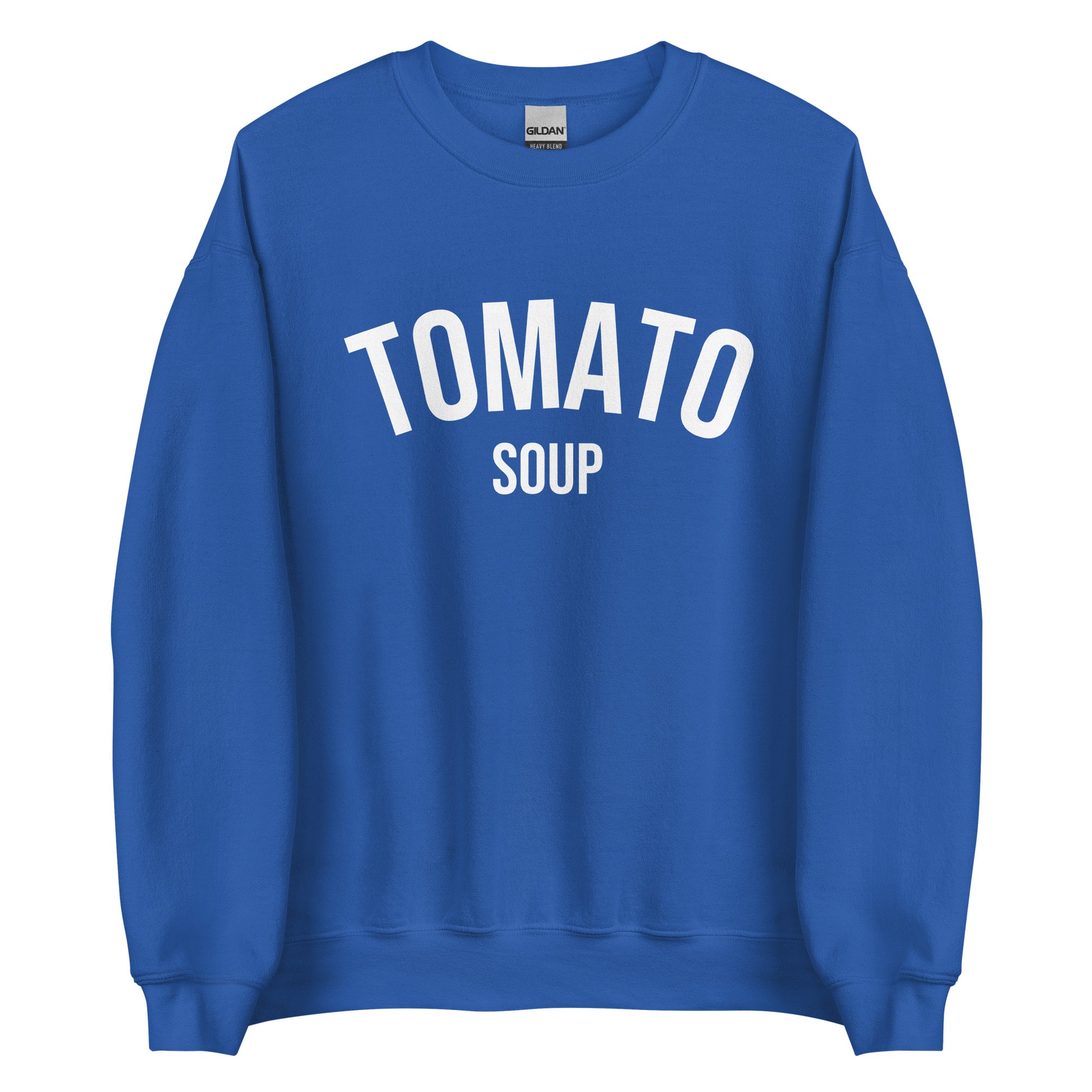 Royal Blue Tomato Soup Sweatshirt from Nina's Funky Shop by ninanush - Do you love soup? Looking for a funny gift for a friend? Our Tomato Soup Crewneck Sweatshirt is soft, comfortable and just what you need. It's a unisex soup lover sweatshirt that comes in a variety of colors with "tomato soup", expertly printed on the front. A funny foodie sweatshirt for cozy nights in or stand out funky streetwear.