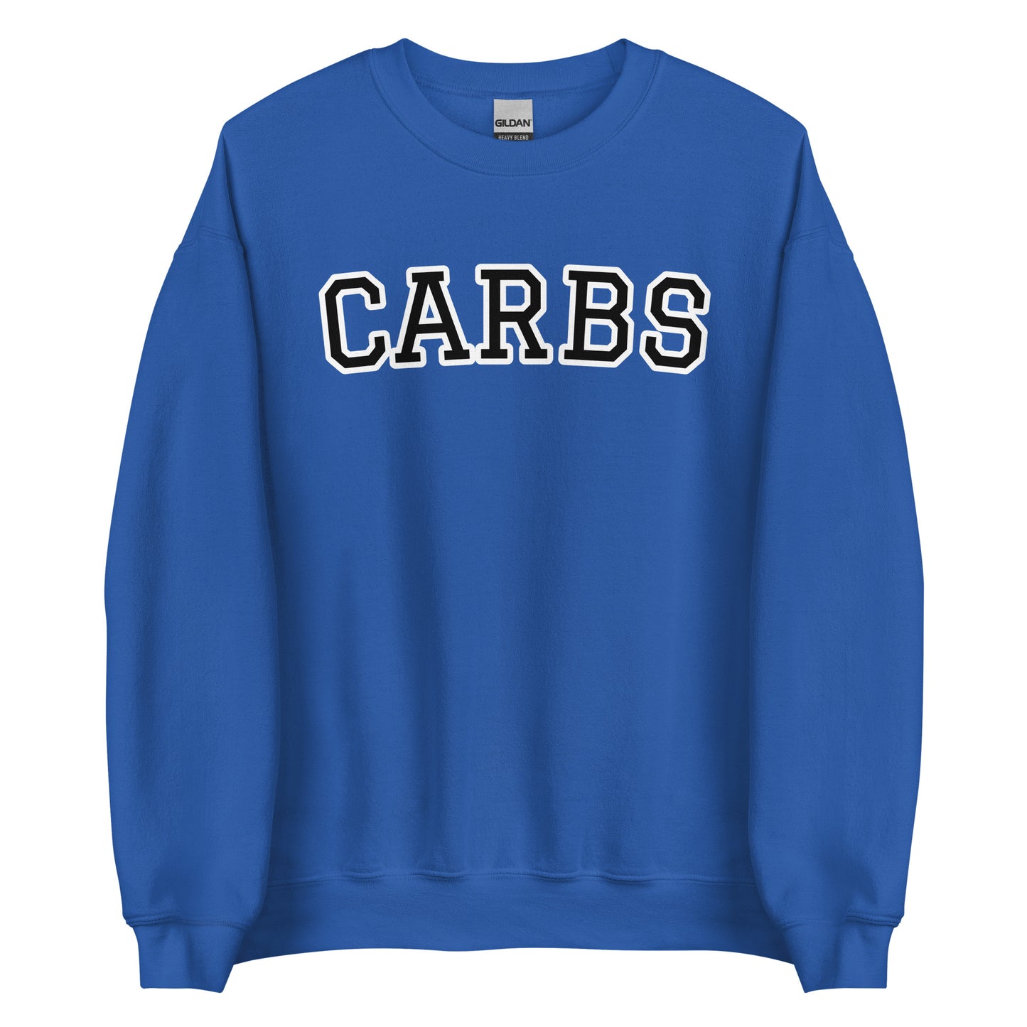 Royal Blue Carb Sweatshirt from Nina's Funky Shop by ninanush - Do you love carbs? Looking for a funny foodie gift? Our Carbs Crewneck Sweatshirt is soft, comfortable and just what you need. It's a unisex food lover sweatshirt that comes in a variety of colors with "Carbs", expertly printed on the front in bold letters. A funny foodie sweatshirt or quirky streetwear for carb enthusiasts.