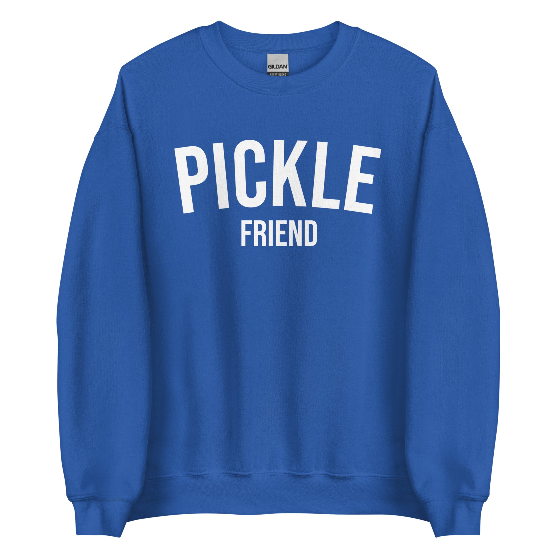 Royal Blue Pickle Friend Sweatshirt from Nina's Funky Shop by ninanush - Love pickles? Looking for a funny pickle gift? Our Pickle Friend Crewneck Sweatshirt is just what you need. It's a unisex pickle sweatshirt with "Pickle Friend" on the front. A funny foodie sweatshirt or quirky streetwear for pickle lovers. This varsity style pickle sweatshirt is designed by Nina and made just for you.