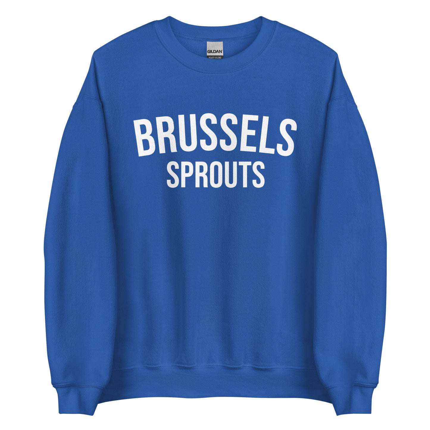 Royal Blue Brussels Sprouts Sweatshirt from Nina's Funky Shop by ninanush - Do you love Brussels sprouts? Looking for a funny foodie gift? Our Brussels Sprouts Crewneck Sweatshirt is just what you need. It's a unisex unique sweatshirt with "Brussels Sprouts" on the front. A funny foodie sweatshirt for Brussels Sprouts enthusiasts. This varsity style pickle sweatshirt is designed by Nina.