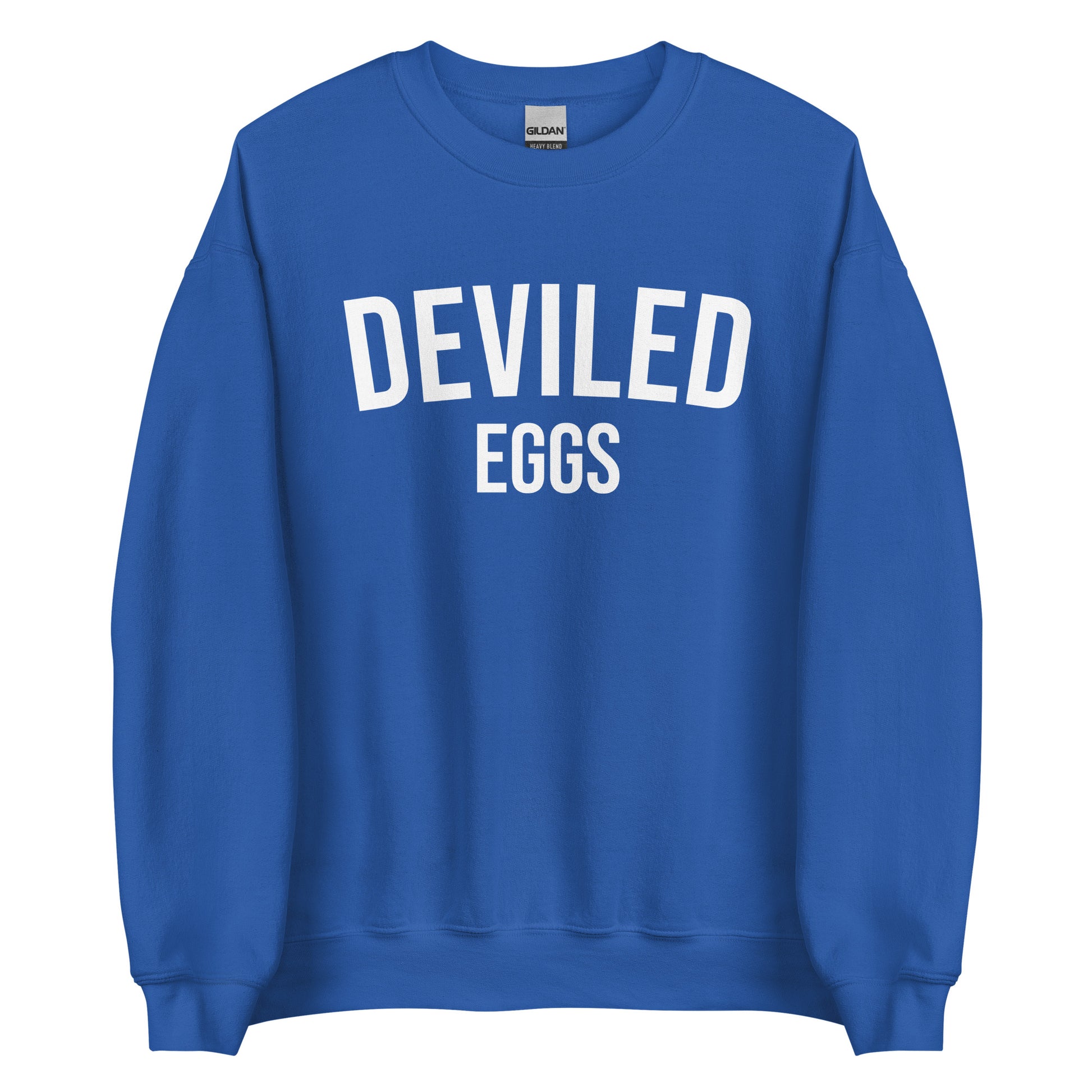 Royal Blue Deviled Eggs Sweatshirt from Nina's Funky Shop by ninanush - Do you love deviled eggs? Looking for a funny gift for a friend? Our Deviled Eggs Crewneck Sweatshirt is just what you need. It's a unisex weird foodie sweatshirt with "deviled eggs" on the front. A funny foodie sweatshirt for deviled egg lovers. This funny varsity style sweatshirt is designed by Nina.