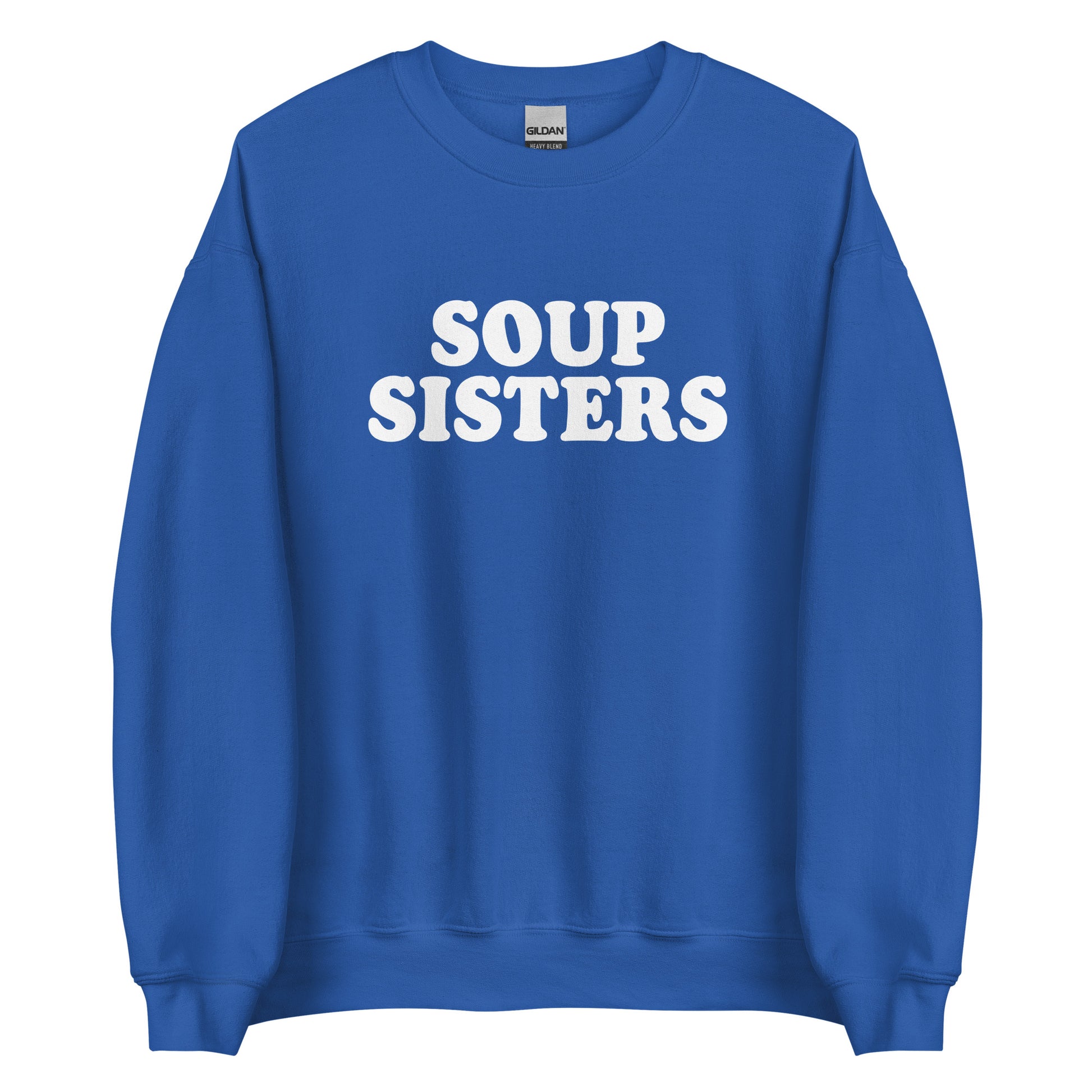 Royal Blue Soup Sisters Sweatshirt from Nina's Funky Shop by ninanush - Do you love soup? Looking for a funny gift for your sister? Our Soup Sisters Crewneck Sweatshirt is just what you need. It's a unisex funny sisters sweatshirt with "soup sisters" on the front. A funny foodie sweatshirt for soup enthusiasts and foodie gift for sisters. This varsity style sweatshirt is designed by Nina, just for you.