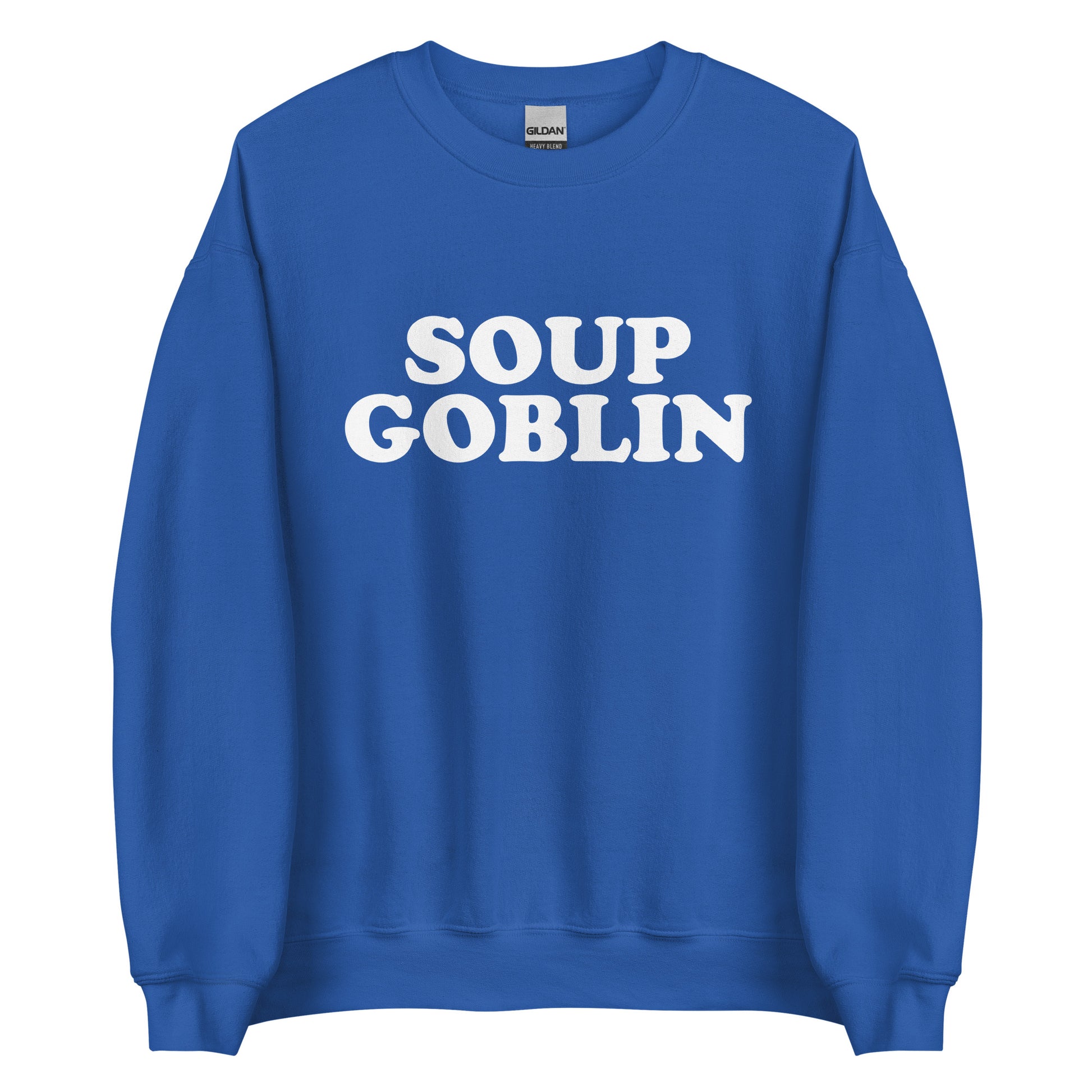 Royal Blue Soup Goblin Sweatshirt from Nina's Funky Shop by ninanush - Are you a soup goblin? Looking for a funny foodie gift? Our Soup Goblin Crewneck Sweatshirt is soft, comfortable and just what you need. It's a unisex soup sweatshirt with "soup goblin", expertly printed on the front. A funny foodie sweatshirt for soup enthusiasts and a quirky sweatshirt for everyday streetwear.