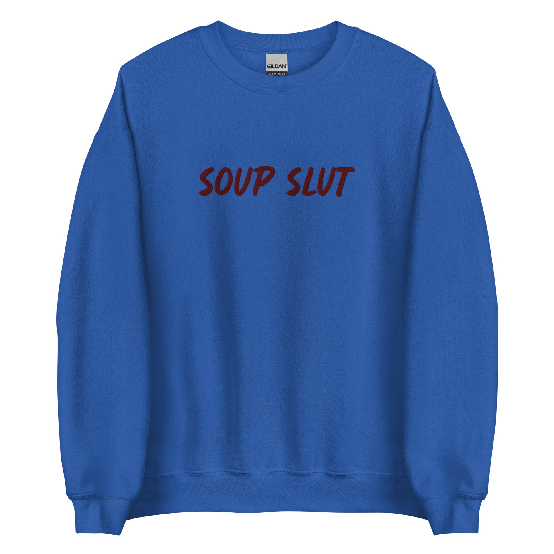 Royal Blue Embroidered Soup Slut Sweatshirt from Nina's Funky Shop by ninanush - Do you love soup? Looking for a funny gift? Our Soup Slut Embroidered Crewneck Sweatshirt is just what you need. It's a unisex soup sweatshirt with "soup slut" on the front. A funny foodie sweatshirt for cozy nights in or stand out streetwear for soup enthusiasts. This embroidered soup sweatshirt is made just for you.