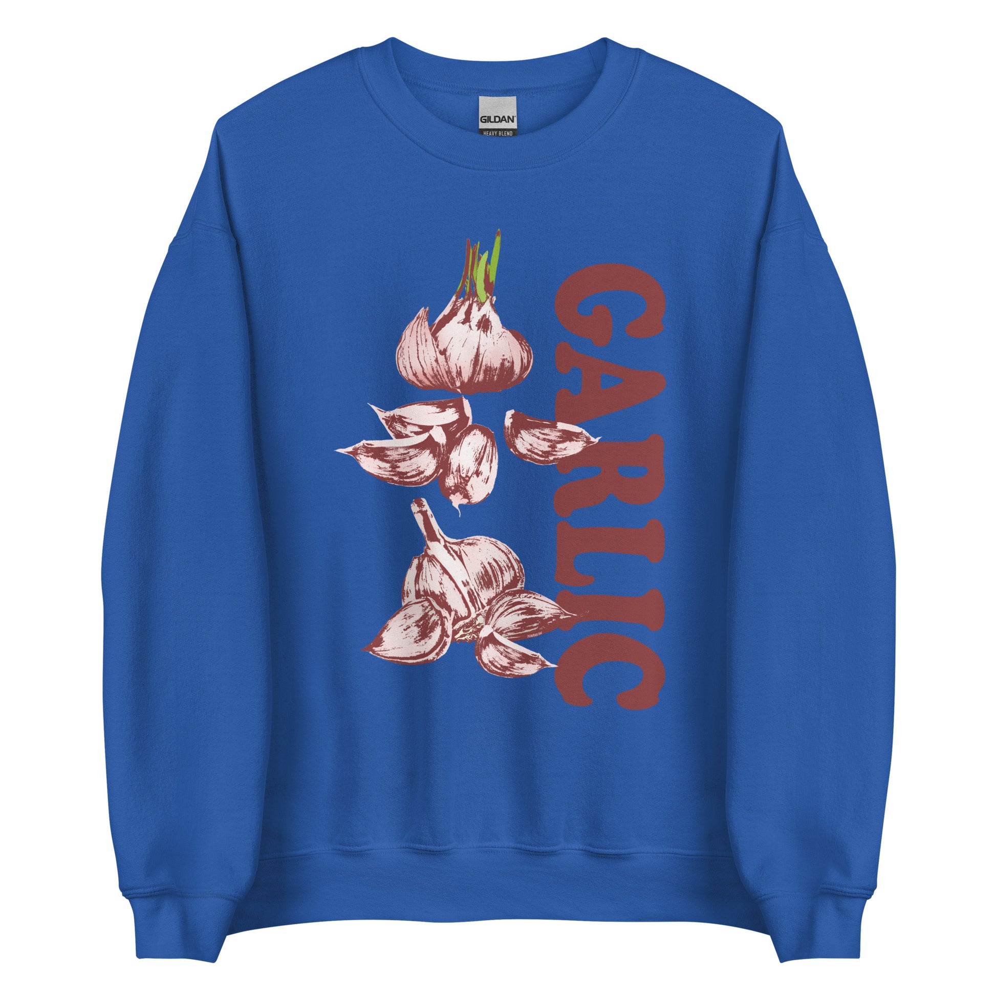 Royal Blue Garlic Sweatshirt from Nina's Funky Shop by ninanush - Love garlic? Looking for a funky gift for garlic lovers? Our Garlic Crewneck Sweatshirt is soft, comfortable and just what you need. It's a unisex sweatshirt with a unique, hand drawn garlic design expertly printed on the front. A funny foodie sweatshirt for cozy nights in or stand out streetwear for garlic enthusiasts.