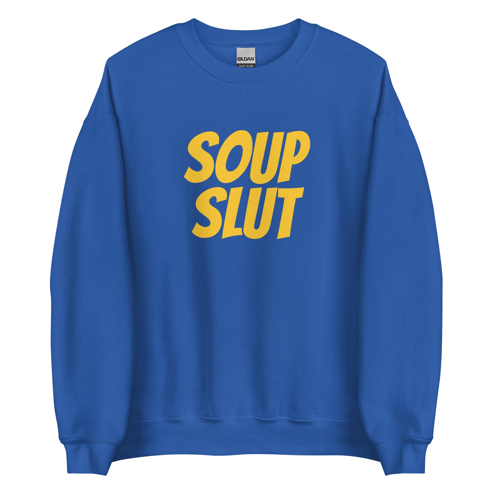 Royal Blue Soup Slut Sweatshirt from Nina's Funky Shop by ninanush - Do you love soup? Looking for a funny gift for a friend? Our Soup Slut Crew Neck Sweatshirt is soft, comfortable and just what you need. It's a unisex foodie sweatshirt with "soup slut", expertly printed on the front. A perfect funny foodie sweatshirt for cozy nights in or stand out soup lover streetwear.