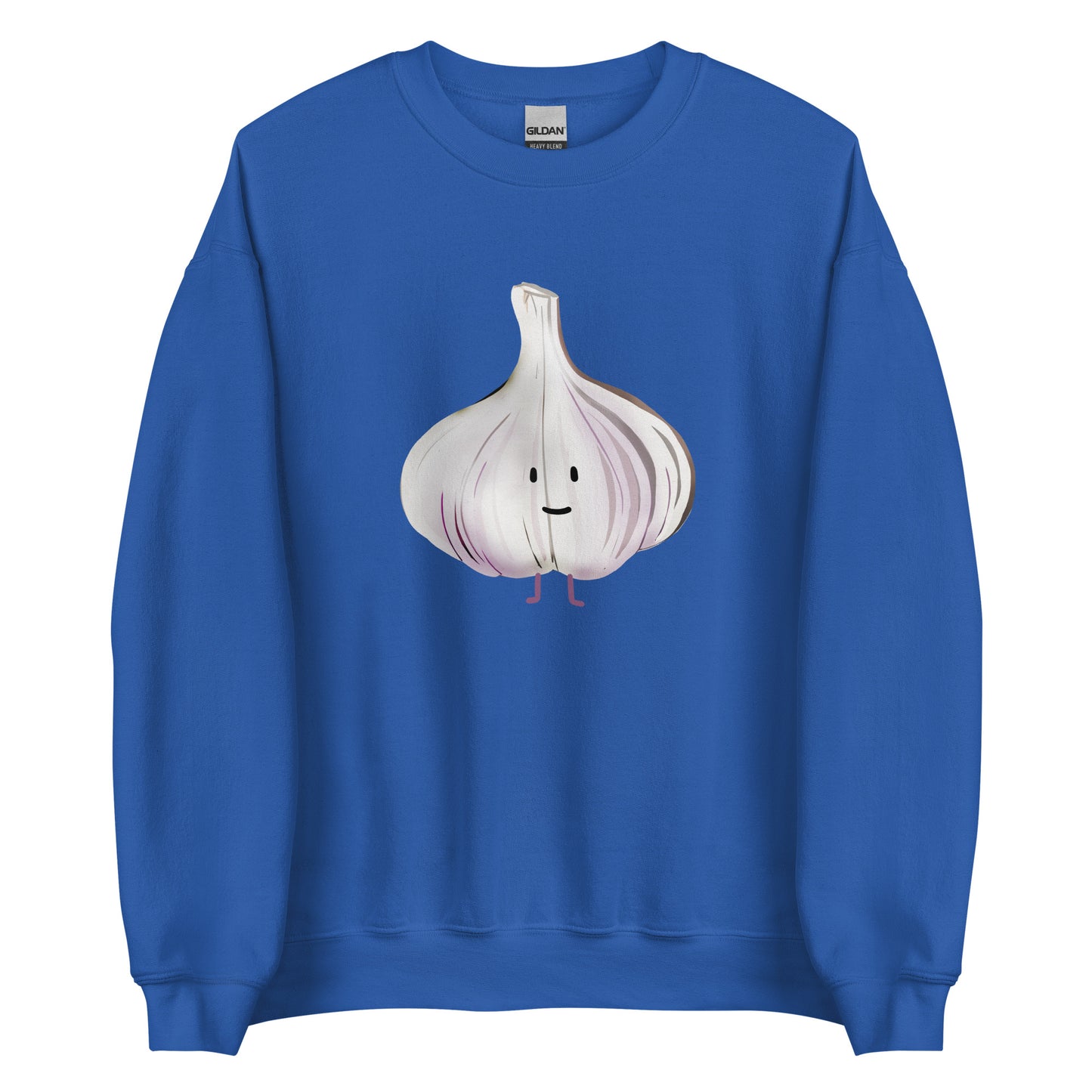 Royal Blue Cute Garlic Sweatshirt from Nina's Funky Shop by ninanush - Love garlic? Looking for a funky gift for a garlic lover? Our Cute Garlic Crewneck Sweatshirt is soft, comfortable and just what you need. It's a unisex sweatshirt with a unique, hand drawn garlic design, expertly printed on the front. Perfect for cozy nights in or stand out streetwear for garlic enthusiasts.