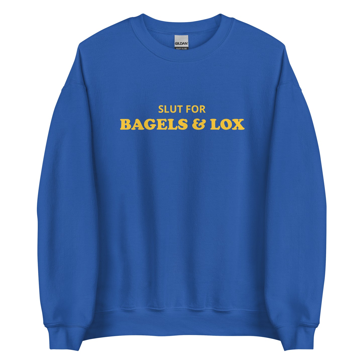 Royal Bagels and Lox Sweatshirt from Nina's Funky Shop - Love bagels and lox? Looking for a funny gift for a bagel lover? Our Slut For Bagels & Lox Crewneck Sweatshirt is soft, comfortable and just what you need. It's a unisex sweatshirt that comes in a variety of colors with "Slut For Bagels & Lox", expertly printed on the front. The perfect funny bagel sweatshirt for everyday foodies.