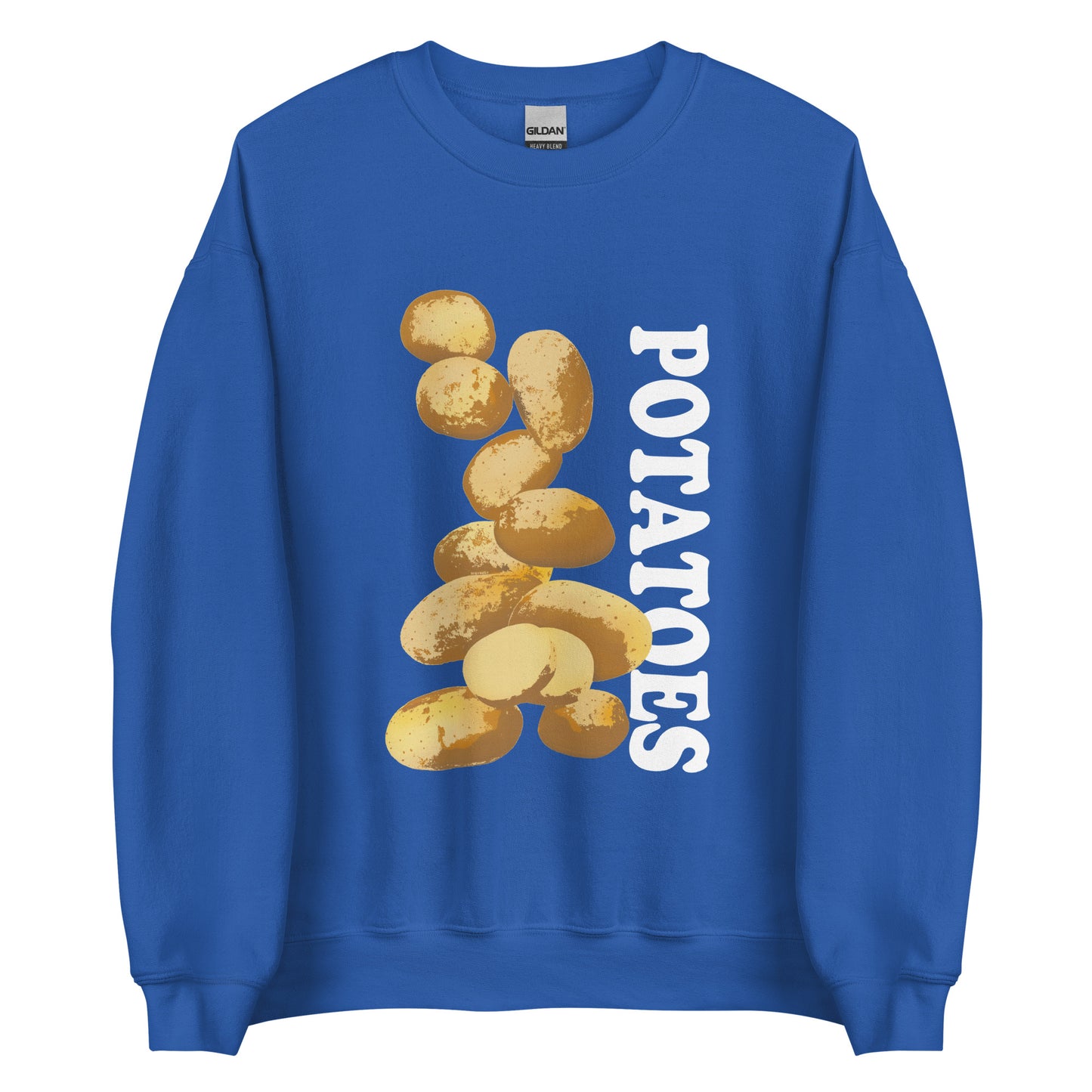 Royal Blue  sweatshirt with potatoes design - Love Potatoes? Looking for a unique gift for a fellow potato enthusiast? This unisex sweatshirt is warm, super soft and cozy, and made just for you. It comes in a variety of colors with a hand drawn potatoes design by Nina, expertly printed on the front.