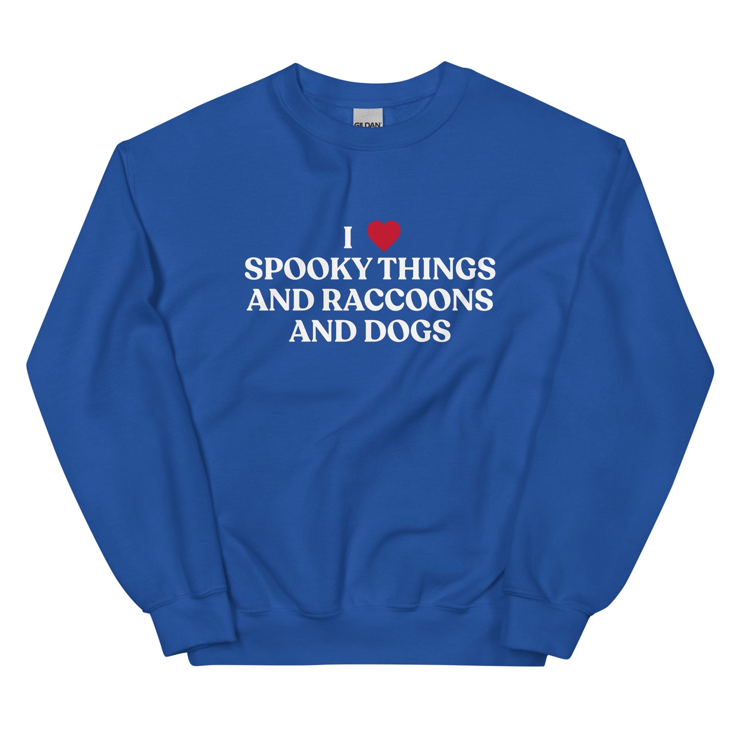 Royal Blue Halloween Sweatshirt - Our I Heart Spooky Things Raccoons and Dogs Sweatshirt is super soft and cozy. It comes in a variety of colors with a funny spooky season saying, expertly printed on the front. Make a statement in this funny Halloween crewneck sweatshirt.