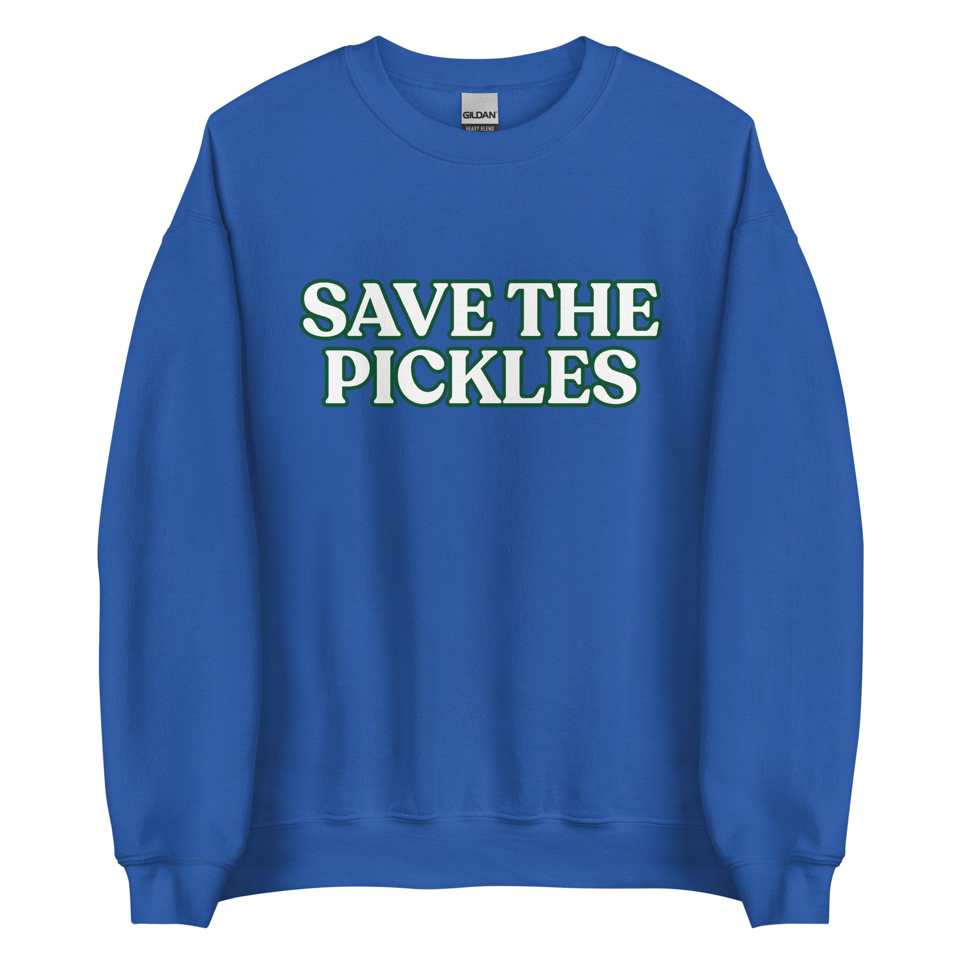 Royal Blue Save The Pickles Sweatshirt - Love pickles? Looking for a gift for a pickle lover? Our Save The Pickles Crewneck Sweatshirt might be just what you need! It's a soft and cozy sweatshirt with a pickle design, made just for you.