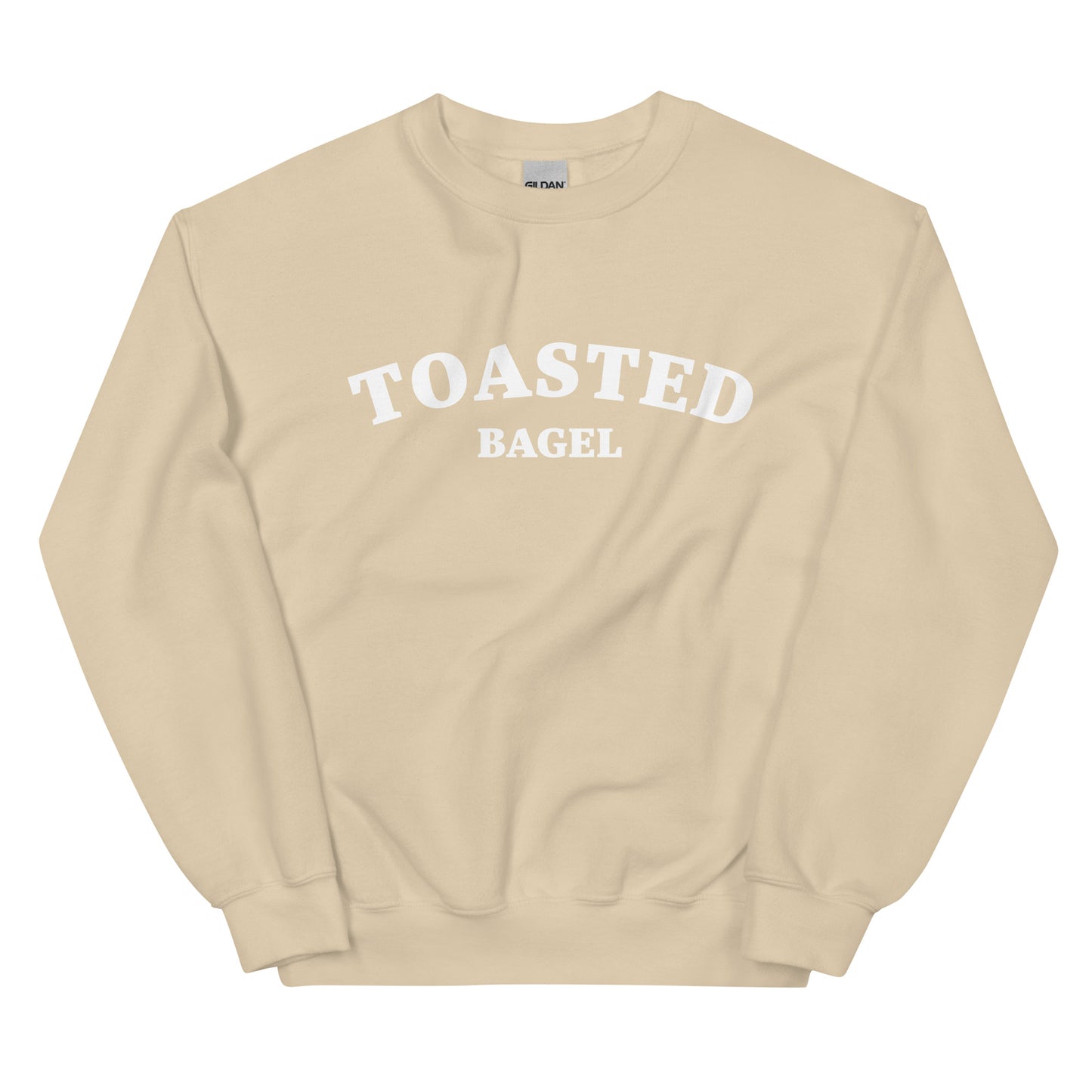 Beige sweatshirt for bagel lovers and foodies - A colorful toasted bagel sweatshirt for bagel lovers. It's soft, comfortable, designed for bagel aficionados and made just for you. Eat your favorite bagel in this funny food sweatshirt. This quirky design is eye-catching and sure to turn heads. It's the perfect funny sweatshirt for bagel enthusiasts and foodies of all kinds.  