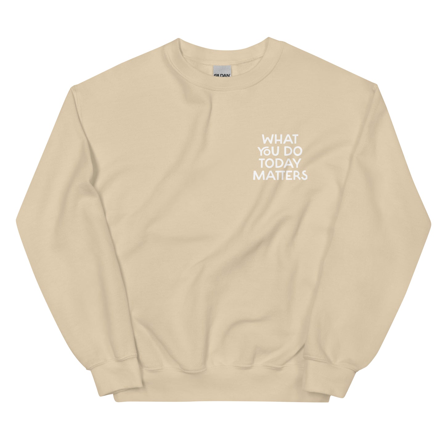 Khaki what you do today matters sweatshirt from Nina's Funky Shop by ninanush - What you do today matters. Strive to be your best self and spread positivity in this unique and happy sweatshirt with a meaningful quote, expertly printed on the front and back. It's a unisex, classic crew neck postitive saying sweatshirt that comes in a variety of colors. Perfect for cozy nights in or stand out streetwear.