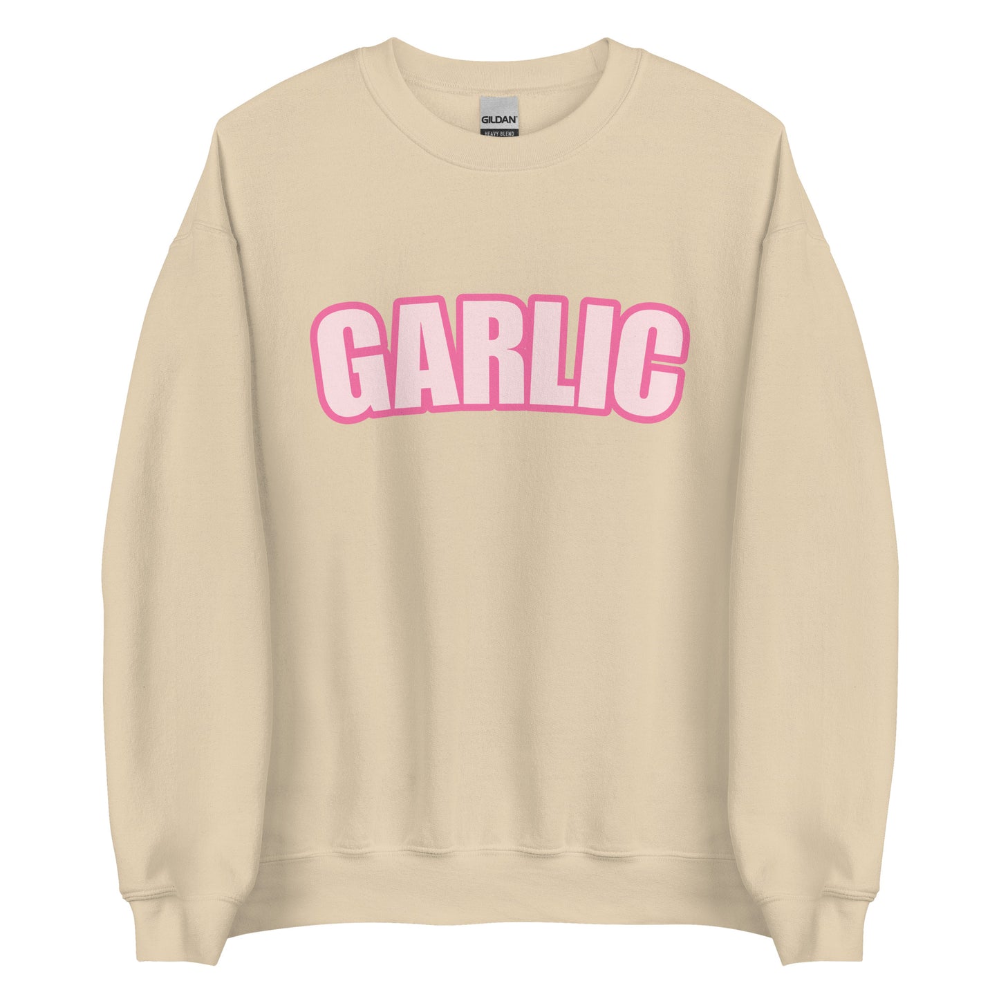 Tan Garlic Sweatshirt from Nina's Funky Shop by ninanush - Our Pink Garlic Sweatshirt is a perfect funny foodie sweatshirt for garlic lovers. It's a unisex, crew neck sweatshirt with the word "Garlic", expertly printed on the front. Perfect for cozy nights in or stand out streetwear for foodies, this garlic enthusiast sweatshirt is designed by Nina and made just for you.