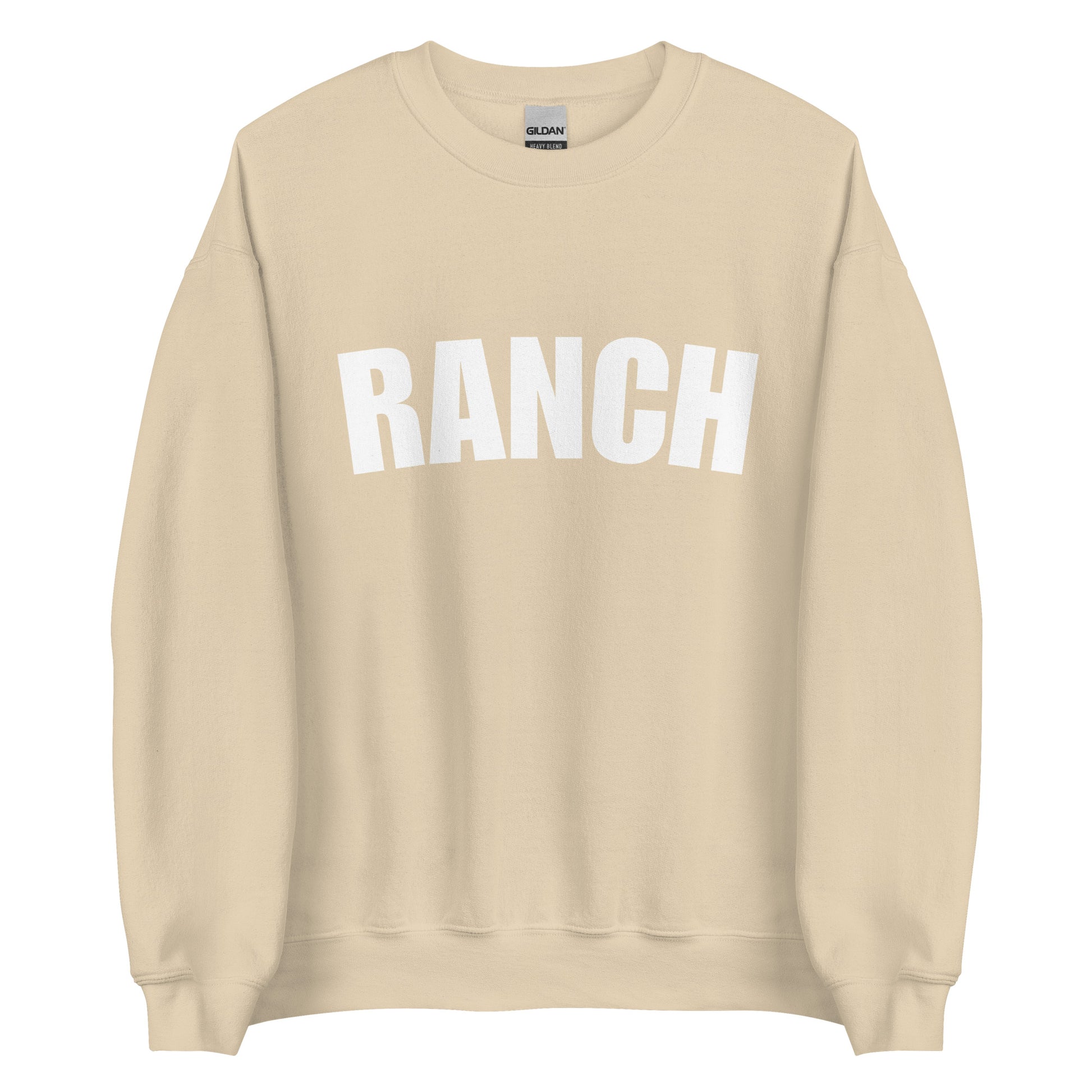 Tan Ranch Sweatshirt from Nina's Funky Shop by ninanush - Do you love ranch? This funny foodie sweatshirt for ranch lovers was made just for you. It's a unisex, crew neck sweatshirt with the word "Ranch", expertly printed on the front. Perfect for cozy nights in or colorful and bold stand out streetwear for foodies, this ranch enthusiast sweatshirt is designed by Nina.