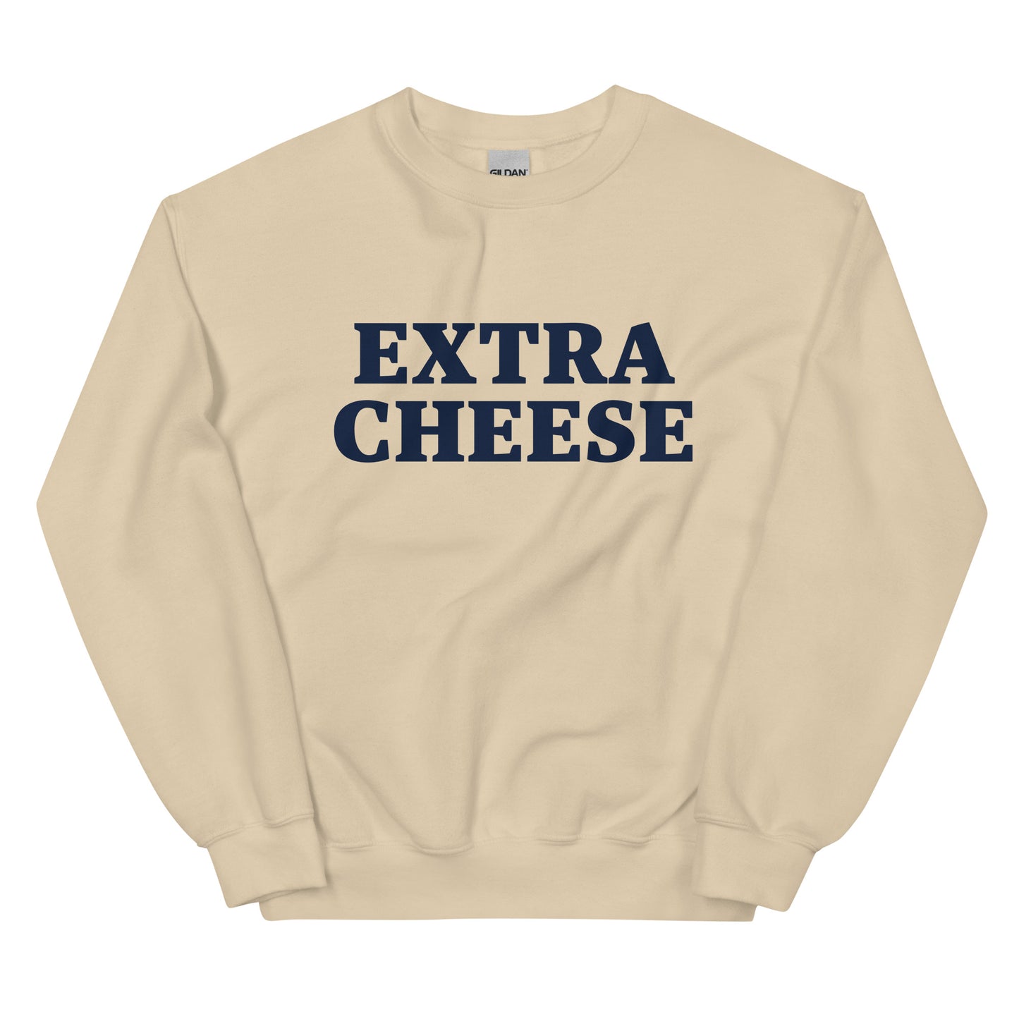 Tan Extra Cheese Sweatshirt from Nina's Funky Shop by ninanush - Love cheese? Want more? Make your priorities known in this Extra Cheese Sweatshirt. It's a funny foodie sweatshirt for cheese lovers. This unisex, crew neck sweatshirt comes in a variety of colors with "cheese", on the front. This college-style cheese enthusiast sweatshirt is designed by Nina and made just for you.