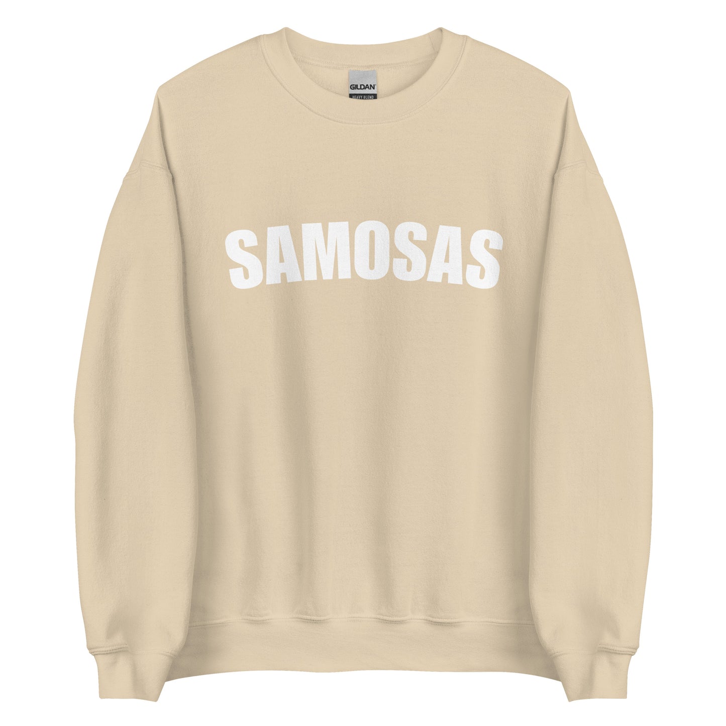 Tan Samosa Sweatshirt from Nina's Funky Shop by ninanush - Love samosas? Looking for a fun foodie gift? Our Samosa Sweatshirt is just what you need. Perfect for Indian cuisine lovers and foodies of all kinds, this sweatshirt has "Samosa", expertly printed on the front. A crewneck college-style foodie sweatshirt for Indian food enthusiasts and samosa lovers like you.