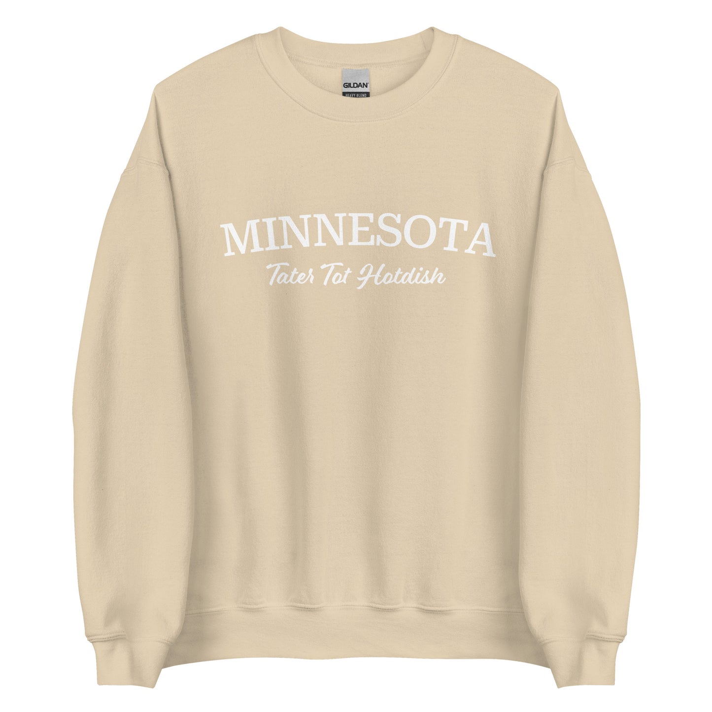 Beige Minnesota sweatshirt from Nina's Funky Shop by ninanush - Love Tater Tot Hotdish? Looking for a funny Minnesota gift? Introducing our Minnesota Tater Tot Hotdish Sweatshirt! It's a Midwestern foodie sweatshirt with "Minnesota" and the unofficial MN state food "Tater Tot Hotdish" on the front. Perfect for cozy nights in or a statement sweatshirt for tater tot hotdish lovers.