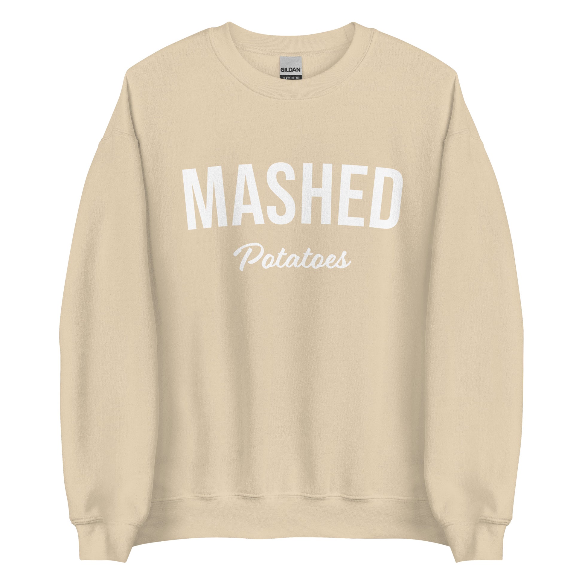 Beige Mashed Potatoes Sweatshirt from Nina's Funky Shop by ninanush - Do you love mashed potatoes? Looking for a fun potato lover gift? Our Mashed Potatoes Sweatshirt is just what you need. It's a unisex, varsity crew neck sweatshirt that comes in a variety of colors with "Mashed Potatoes" on the front. This mashed potato enthusiast sweatshirt is perfect funky streetwear for foodies.