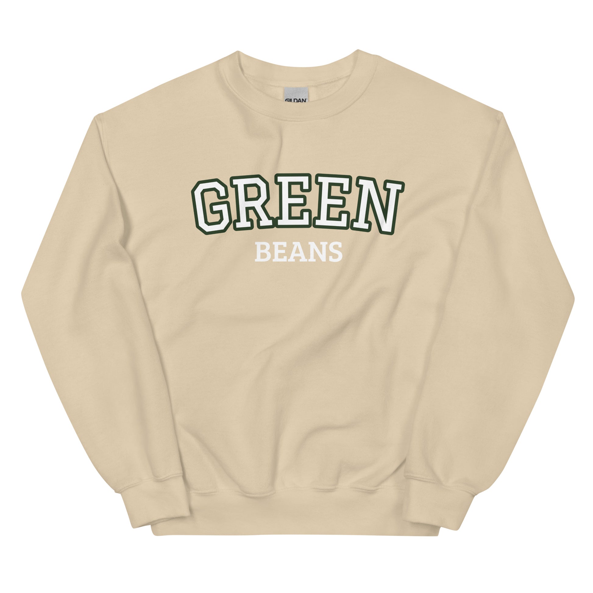 Beige Green Beans Sweatshirt from Nina's Funky Shop by ninanush - Love green beans? Looking for a funny food gift? Our Green Beans Sweatshirt is just what you need. It's a unisex, varsity crew neck sweatshirt with "Green Beans" on the front. A perfect funny foodie sweatshirt for cozy nights in or funky streetwear, this veggie enthusiast sweatshirt is designed by Nina, just for you.