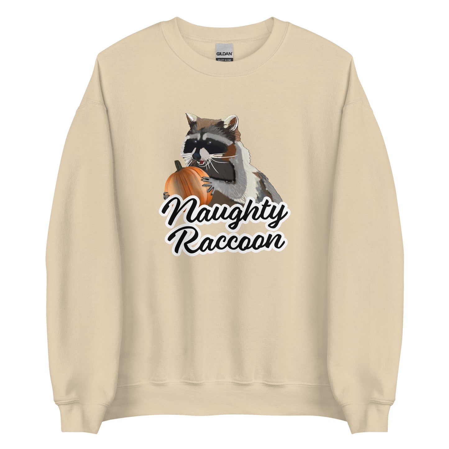 Beige Naughty Raccoon Pumpkin Sweatshirt from Nina's Funky Shop by ninanush - Love raccoons? Looking for a fun raccoon lover gift? Our Naughty Raccoon Sweatshirt is soft, comfortable and just what you need. It's a unisex, crew neck sweatshirt with a raccoon holding a pumpkin and "Naughty Raccoon", expertly printed on the front. Stand out this spooky season in our funny Raccoon Sweatshirts.