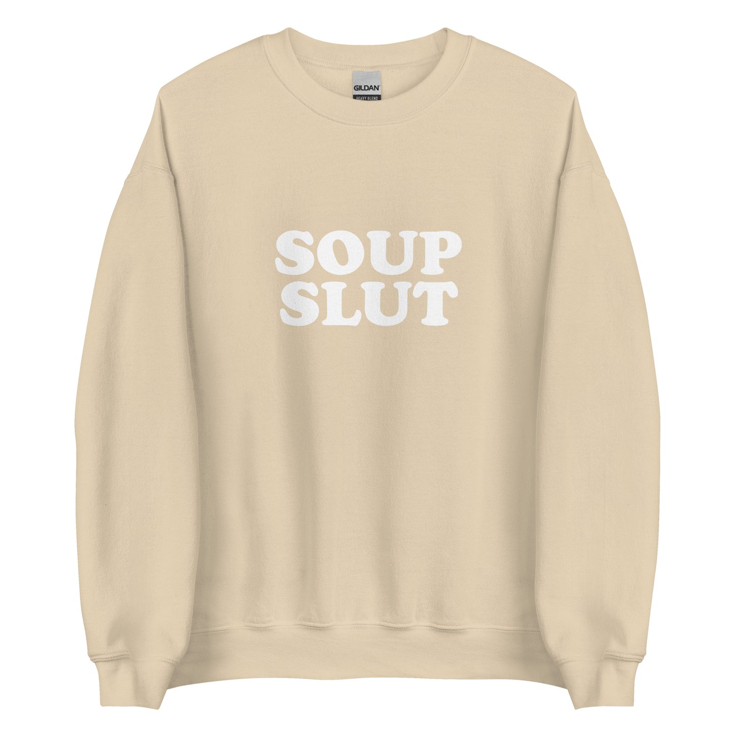 Beige  soup slut sweatshirt from Nina's Funky Shop by ninanush - Do you love soup? Looking for a funny gift for a friend? Our Soup Slut Sweatshirt is soft, comfortable and just what you need. It's a unisex foodie sweatshirt that comes in a variety of colors with "soup slut", expertly printed on the front. A perfect funny foodie sweatshirt for cozy nights in or stand out soup lover streetwear.