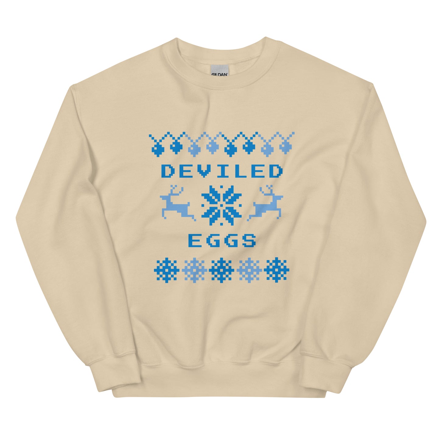 Beige Deviled Eggs Christmas Sweatshirt from Nina's Funky Shop by ninanush - Do you love deviled eggs? Looking for a funny Christmas sweatshirt? Our Slut Deviled Eggs Christmas Crew Neck Sweatshirt is soft, comfortable and just what you need. It's a unisex holiday sweatshirt with "Deviled Eggs" and a Christmas pattern. A funny Christmas sweatshirt for a holiday party or a cozy night in.