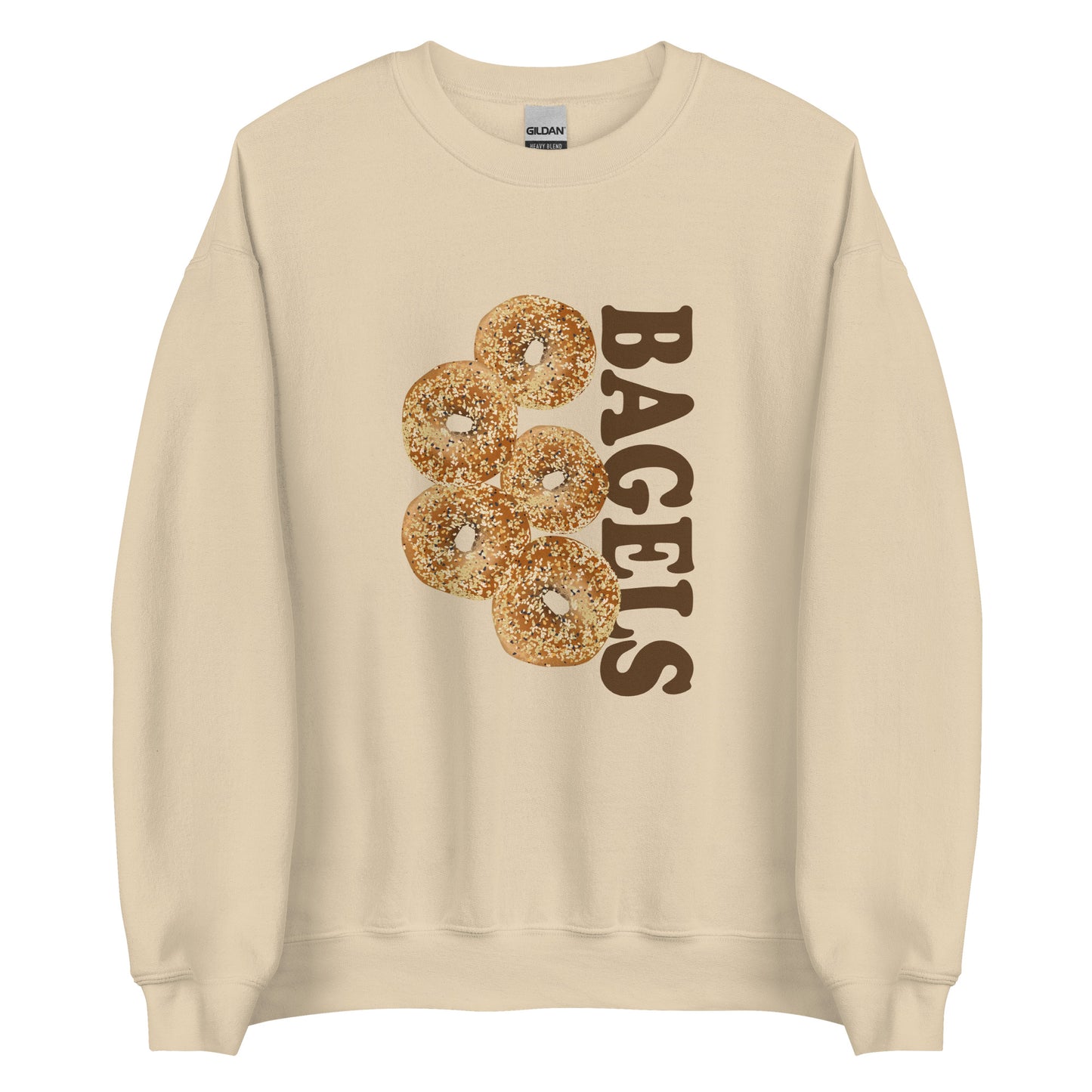 Beige Everything Bagels Sweatshirt from Nina's Funky Shop by ninanush - Do you love bagels? Looking for a funny gift? Our Bagels Crew Neck Sweatshirt is soft, comfortable and just what you need. It's a unisex foodie sweatshirt that comes in a variety of colors with everything bagels, expertly printed on the front. A funny foodie sweatshirt for cozy nights in or statement bagel lover streetwear. 