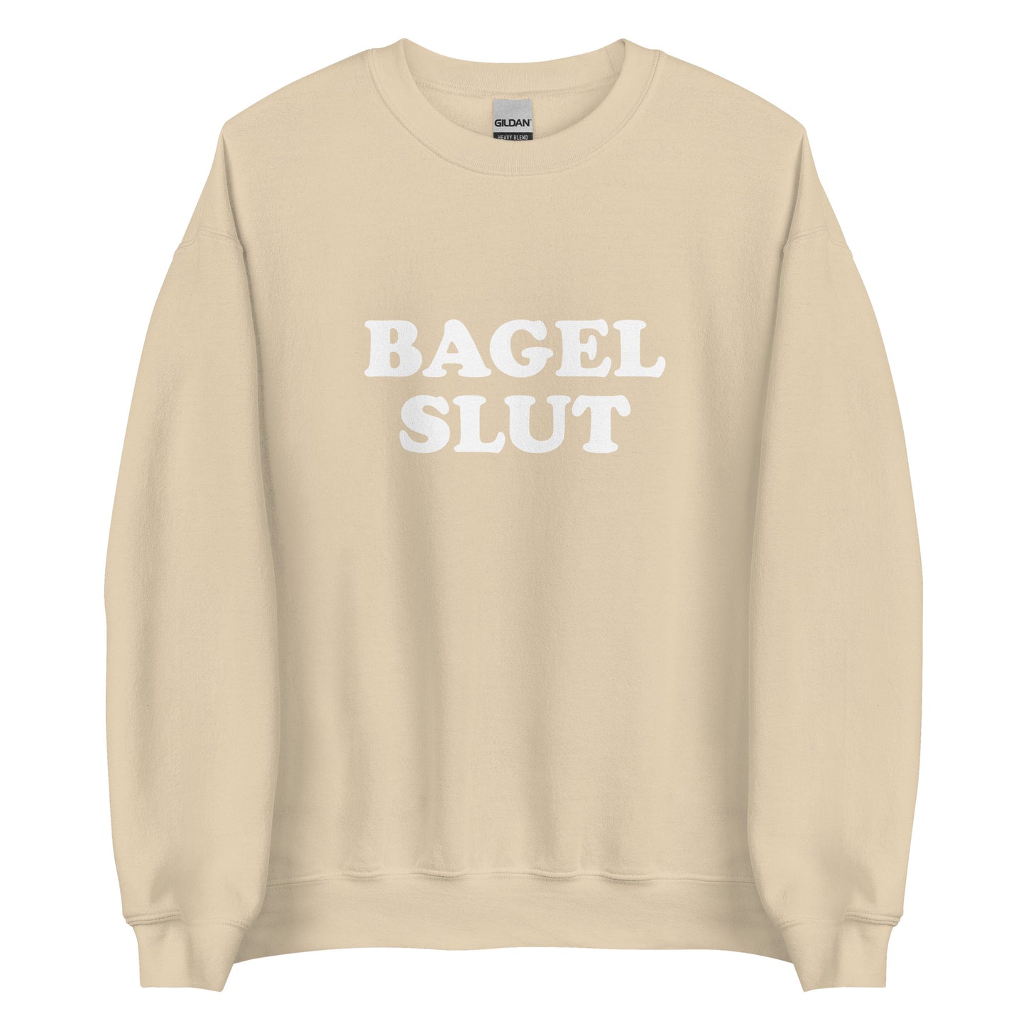 Beige Bagel Slut Sweatshirt from Nina's Funky Shop by ninanush - Do you love bagels? Looking for a funny gift? Our Bagel Slut Crewneck Sweatshirt is soft, comfortable and just what you need. It's a unisex sweatshirt that comes in a variety of colors with "Bagel Slut", expertly printed on the front. A unique and funny sweatshirt for cozy nights in or stand out bagel lover streetwear.