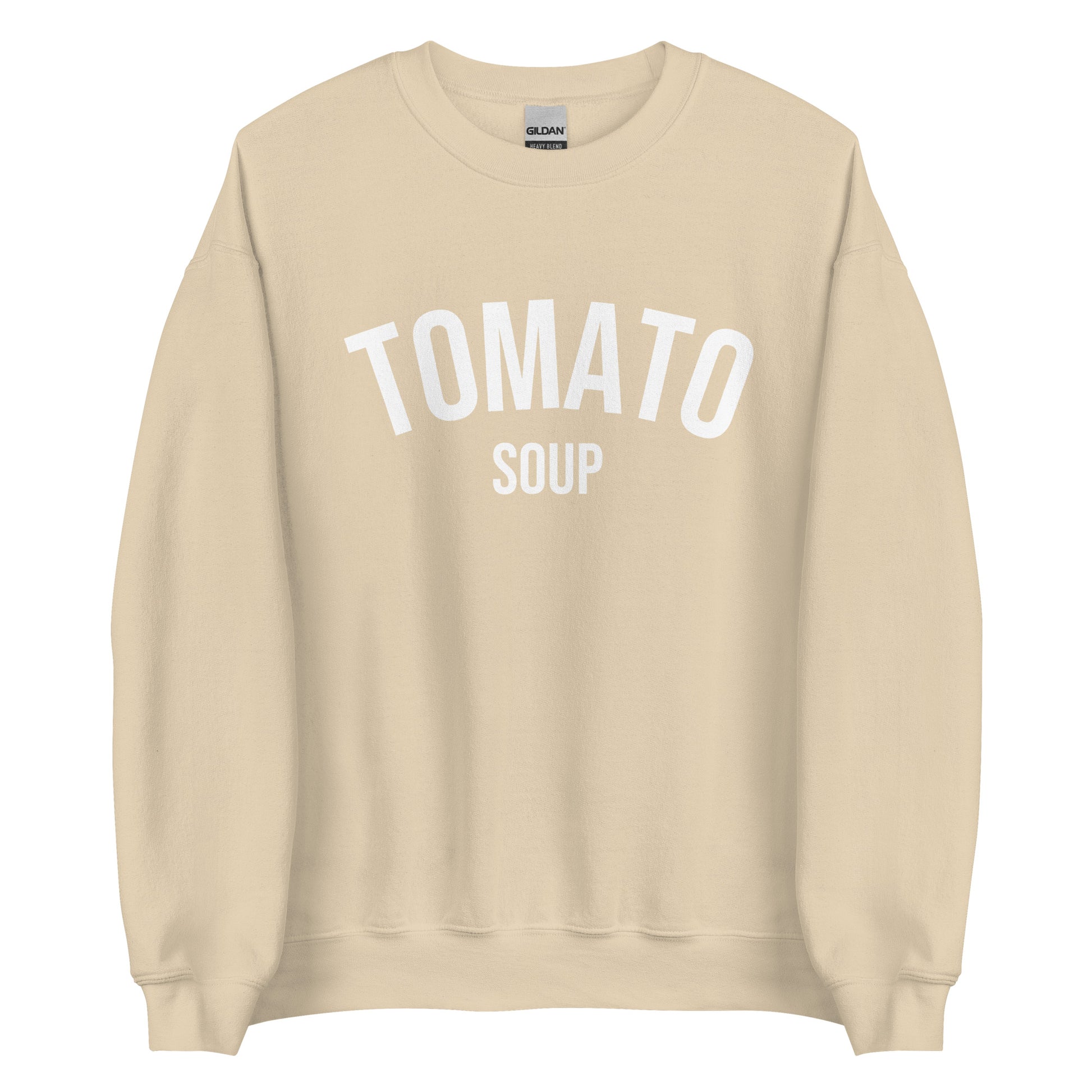 Beige Tomato Soup Sweatshirt from Nina's Funky Shop by ninanush - Do you love soup? Looking for a funny gift for a friend? Our Tomato Soup Crewneck Sweatshirt is soft, comfortable and just what you need. It's a unisex soup lover sweatshirt that comes in a variety of colors with "tomato soup", expertly printed on the front. A funny foodie sweatshirt for cozy nights in or stand out funky streetwear.