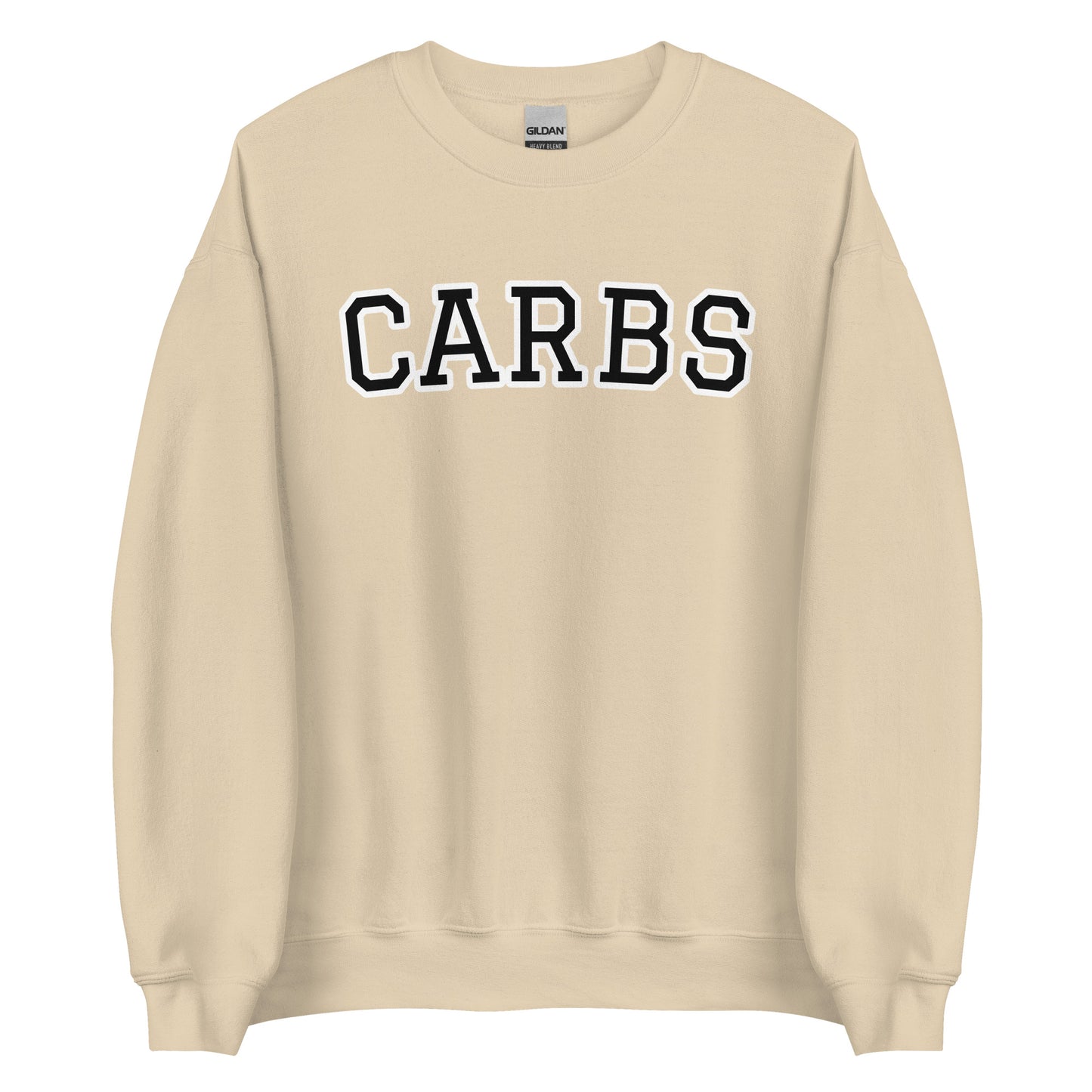 Beige Carb Sweatshirt from Nina's Funky Shop by ninanush - Do you love carbs? Looking for a funny foodie gift? Our Carbs Crewneck Sweatshirt is soft, comfortable and just what you need. It's a unisex food lover sweatshirt that comes in a variety of colors with "Carbs", expertly printed on the front in bold letters. A funny foodie sweatshirt or quirky streetwear for carb enthusiasts.