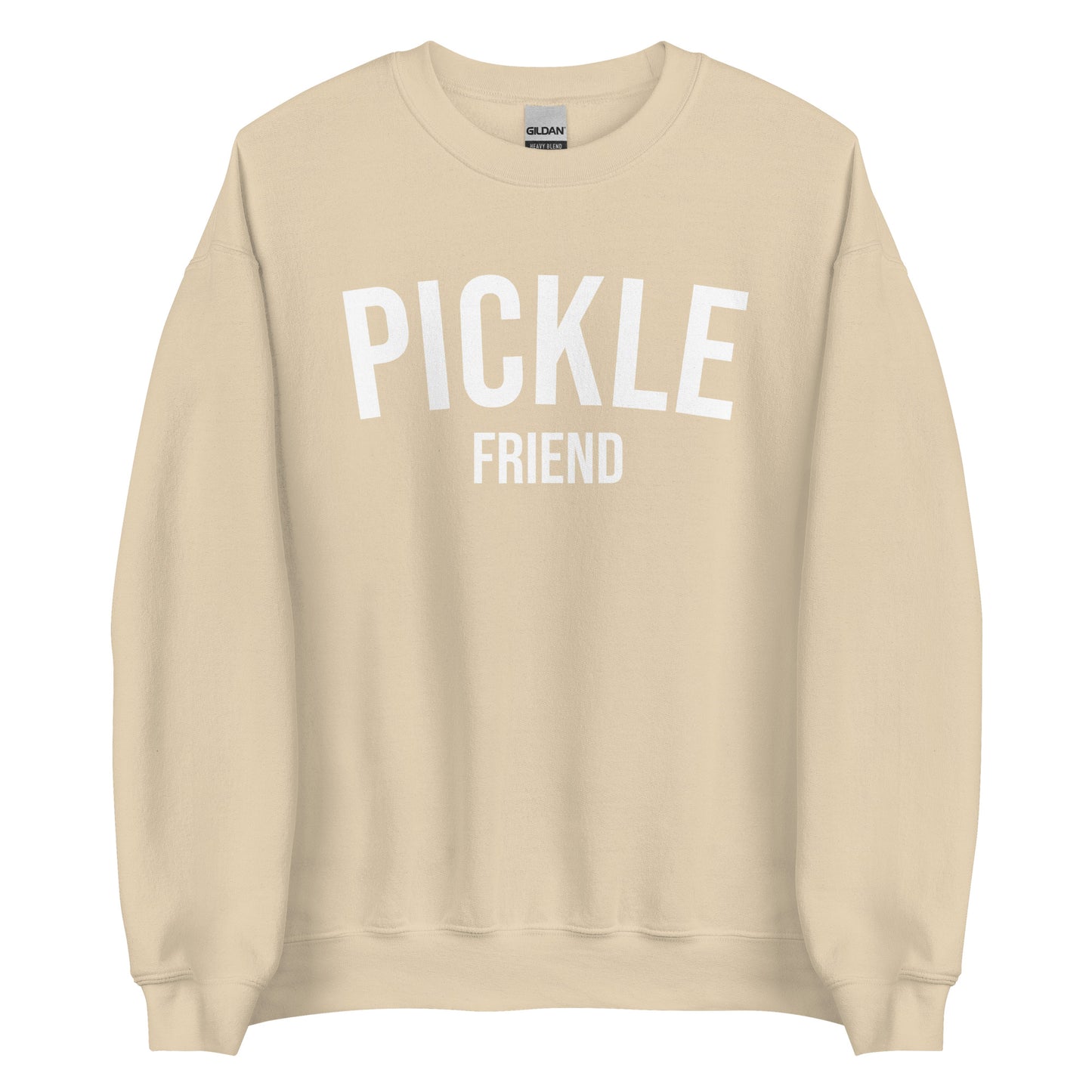 Beige Pickle Friend Sweatshirt from Nina's Funky Shop by ninanush - Love pickles? Looking for a funny pickle gift? Our Pickle Friend Crewneck Sweatshirt is just what you need. It's a unisex pickle sweatshirt with "Pickle Friend" on the front. A funny foodie sweatshirt or quirky streetwear for pickle lovers. This varsity style pickle sweatshirt is designed by Nina and made just for you.