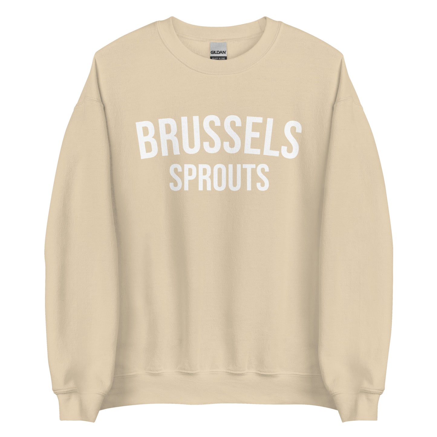 Beige Brussels Sprouts Sweatshirt from Nina's Funky Shop by ninanush - Do you love Brussels sprouts? Looking for a funny foodie gift? Our Brussels Sprouts Crewneck Sweatshirt is just what you need. It's a unisex unique sweatshirt with "Brussels Sprouts" on the front. A funny foodie sweatshirt for Brussels Sprouts enthusiasts. This varsity style pickle sweatshirt is designed by Nina.