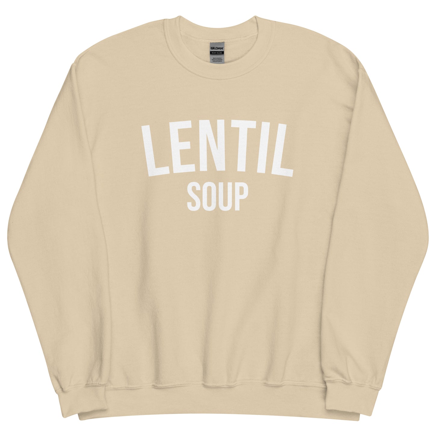 Beige Lentil Soup Sweatshirt from Nina's Funky Shop by ninanush - Do you love lentil soup? Looking for a funny gift? Our Lentil Soup Crewneck Sweatshirt is just what you need. It's a unisex soup lover sweatshirt with "lentil soup" on the front. A funny foodie sweatshirt for soup enthusiasts and a quirky sweatshirt foodies of all kinds. This varsity style sweatshirt is designed by Nina and made just for you.